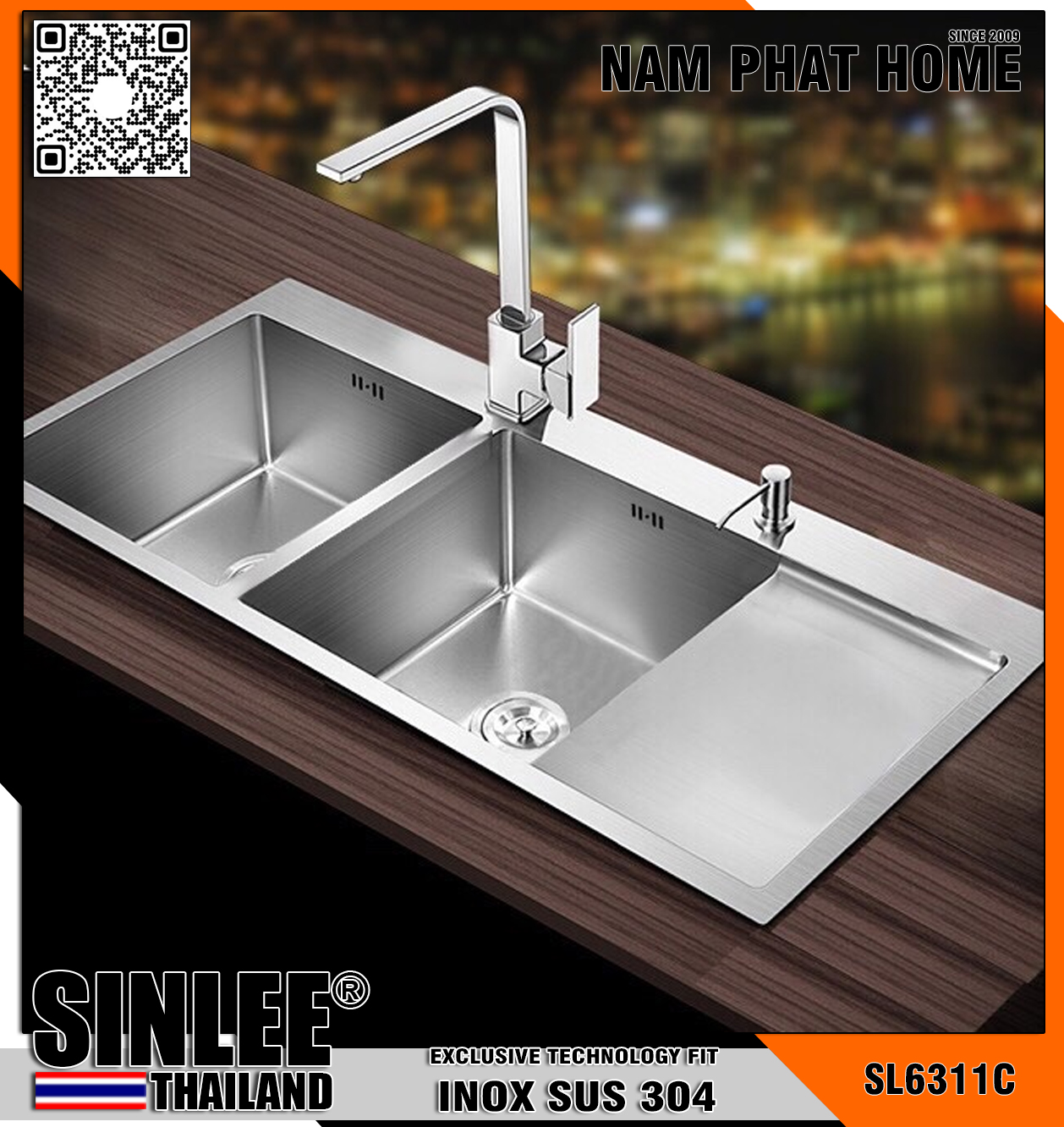 SL6311C - CHẬU RỬA CHÉN 2 HỘC INOX 304 CHUẨN
