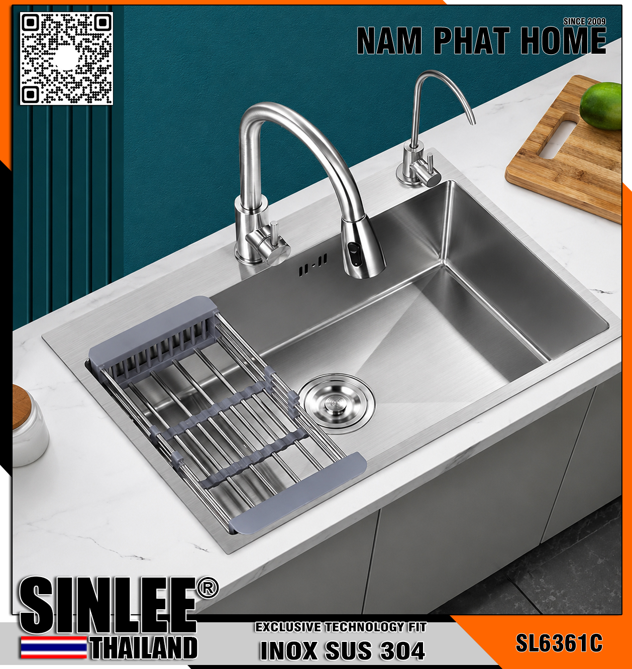 SL6361C - CHẬU RỬA CHÉN 1 HỘC INOX 304 CHUẨN