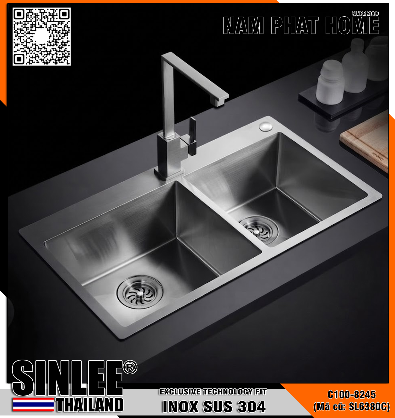C100-8245 (Mã cũ: SL6380C) - CHẬU RỬA CHÉN 2 HỘC INOX 304 CHUẨN