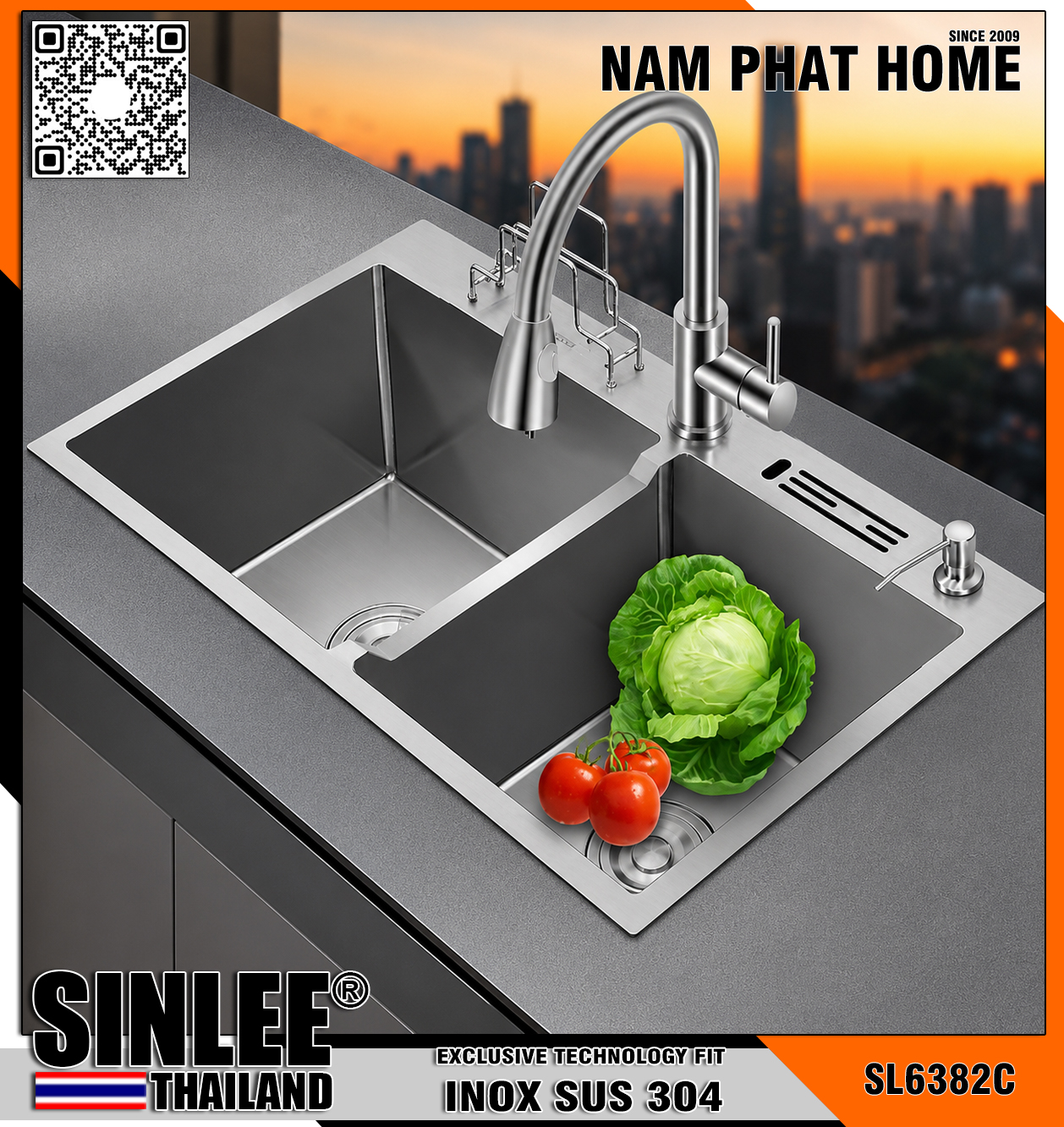 SL6382C – CHẬU RỬA CHÉN 2 HỘC ĐỀU, CÓ GÁC DAO CÀI THỚT,NHIỀU KÍCH THƯỚC