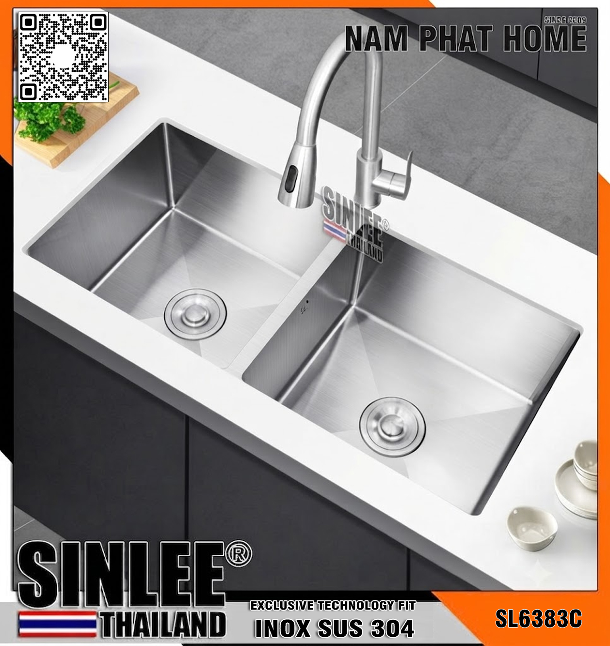 SL6383C - CHẬU RỬA CHÉN 2 HỘC LẮP ÂM INOX 304 CHUẨN