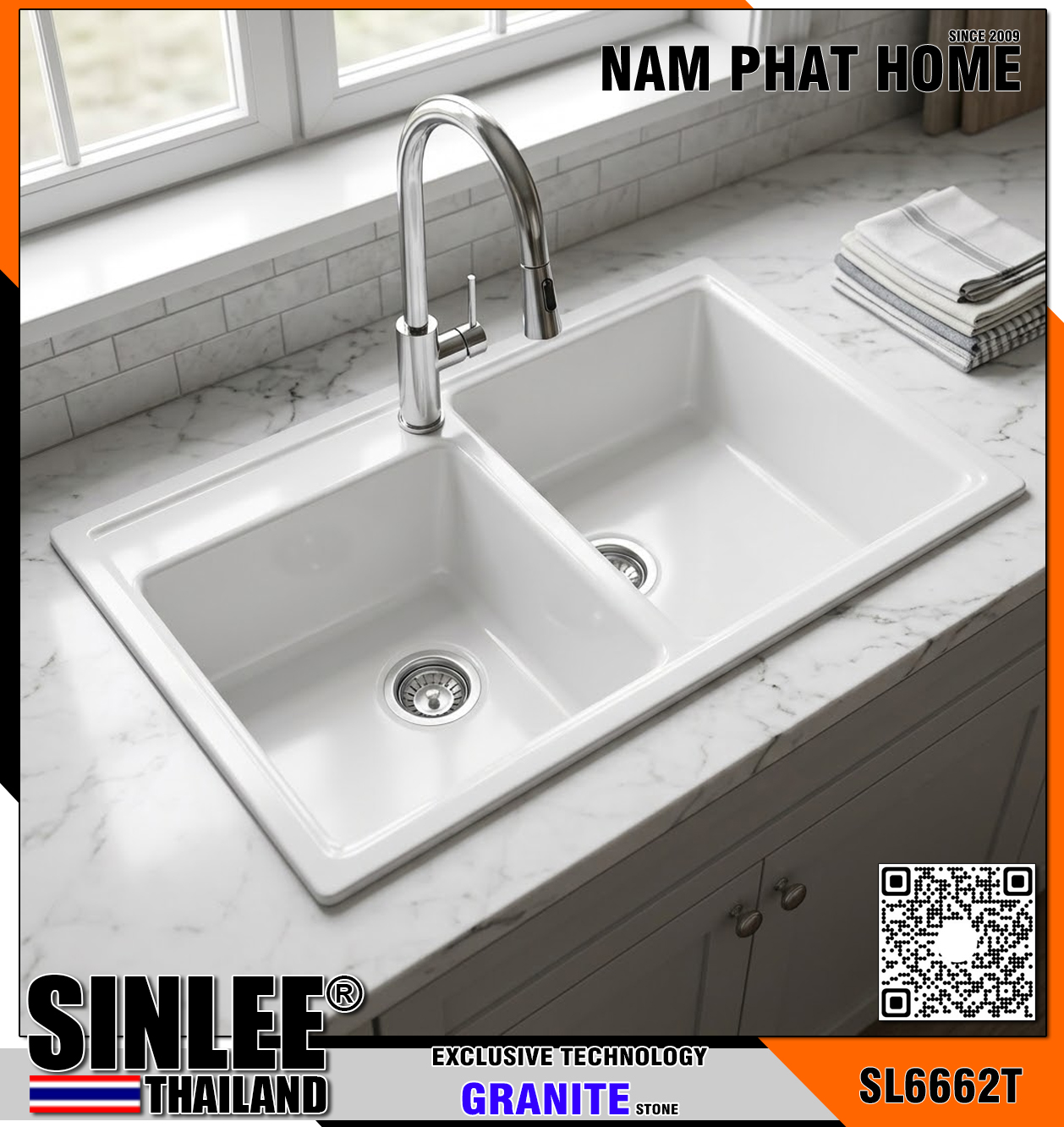 SL6662T- CHẬU RỬA CHÉN ĐÁ SINLEE 2 HỘC LỆCH, MÀU TRẮNG