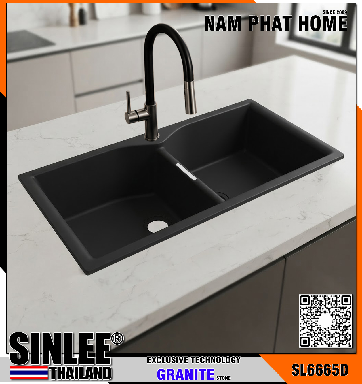 SL6665D- CHẬU RỬA CHÉN ĐÁ SINLEE  2 HỘC ĐỀU, MÀU ĐEN