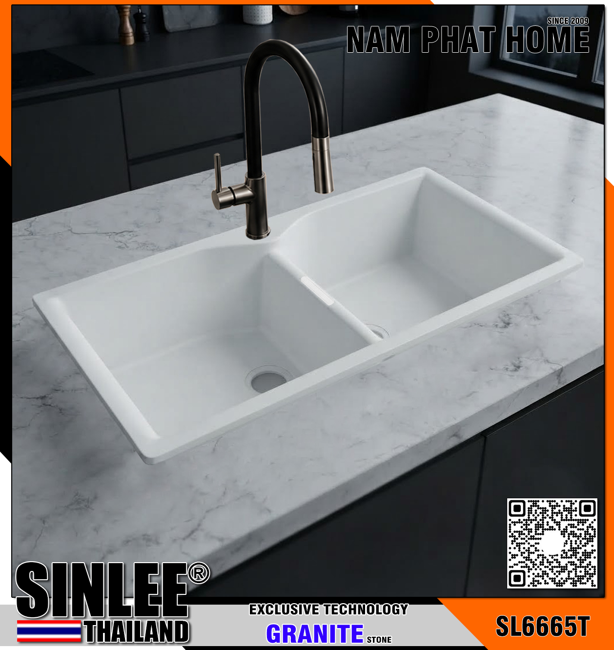 SL6665T- CHẬU RỬA CHÉN ĐÁ SINLEE 2 HỘC ĐỀU, MÀU TRẮNG