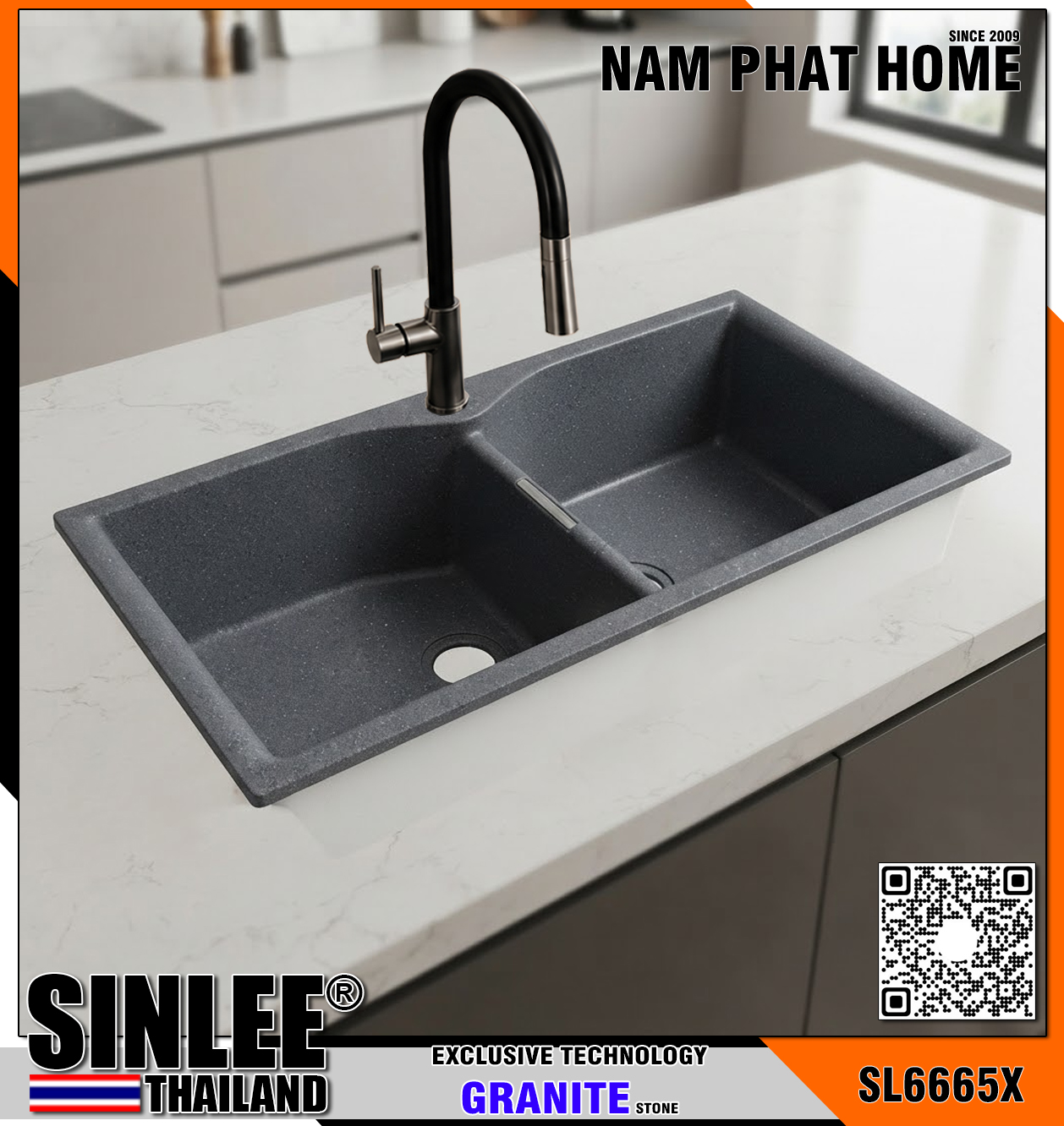 SL6665X- CHẬU RỬA CHÉN ĐÁ SINLEE  2 HỘC ĐỀU, MÀU XÁM