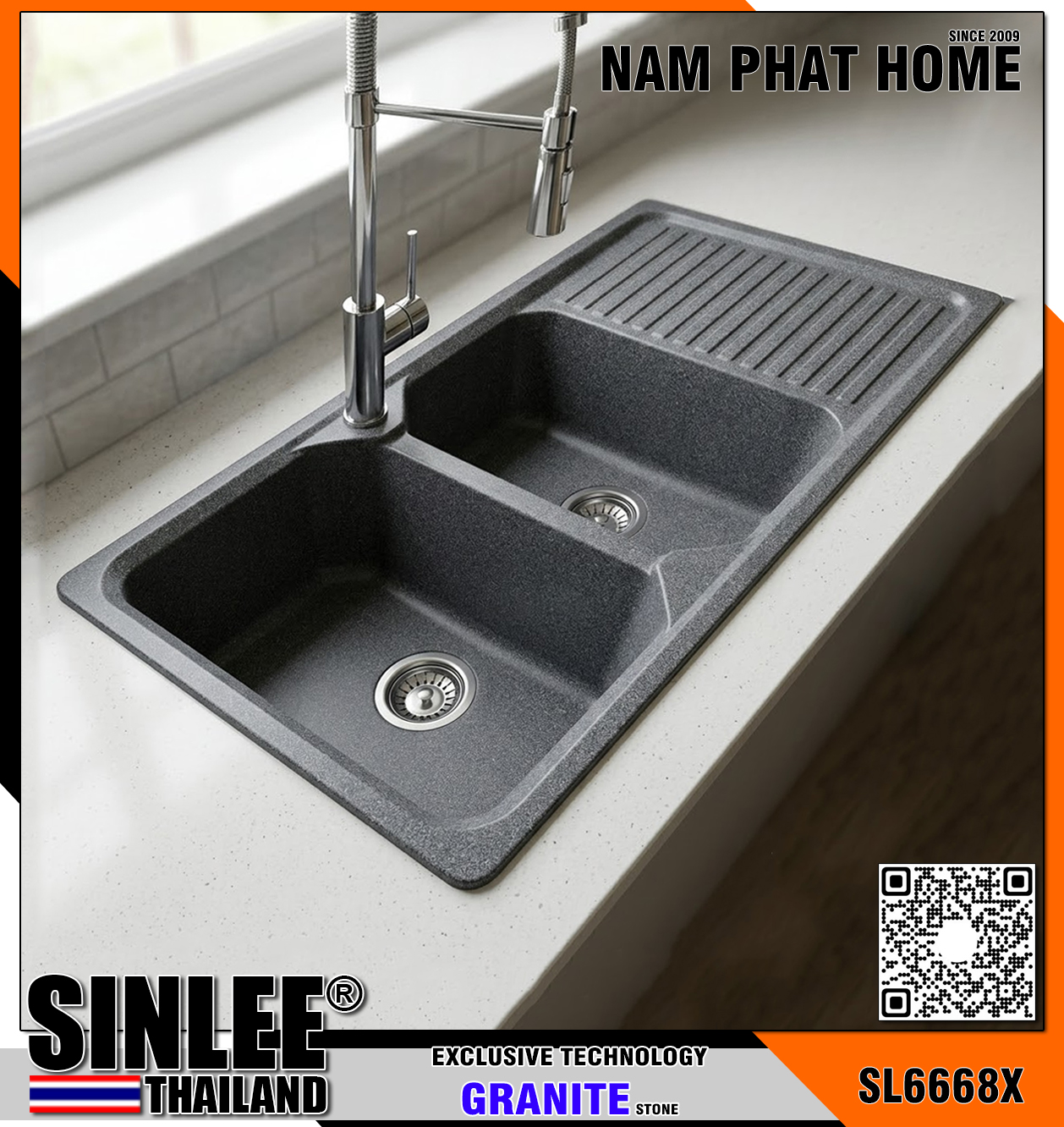 SL6668X- CHẬU RỬA CHÉN ĐÁ SINLEE 2 HỘC 1 CÁNH, MÀU XÁM