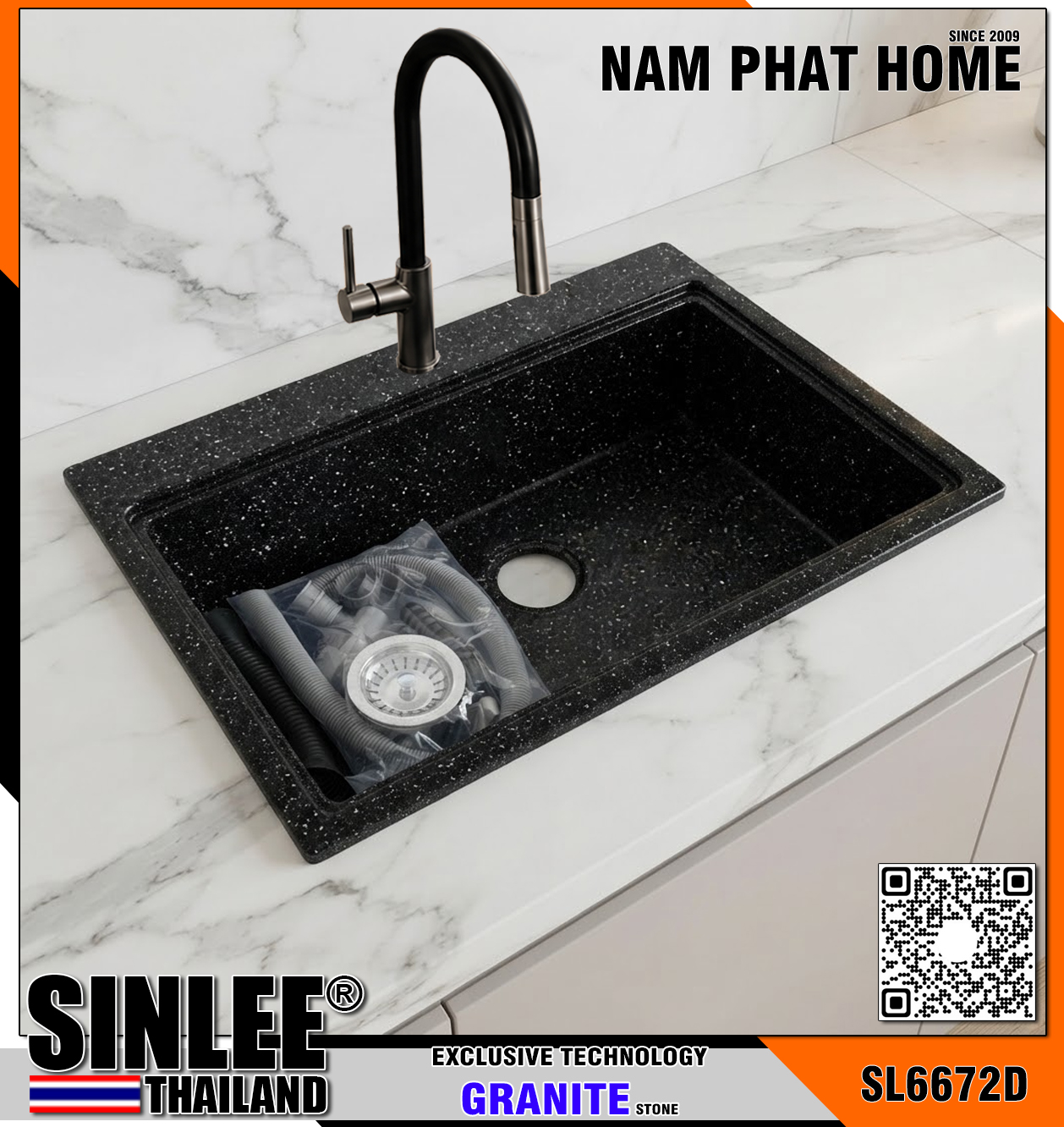 SL6672D- CHẬU RỬA CHÉN ĐÁ 1 HỘC SINLEE, MÀU ĐEN