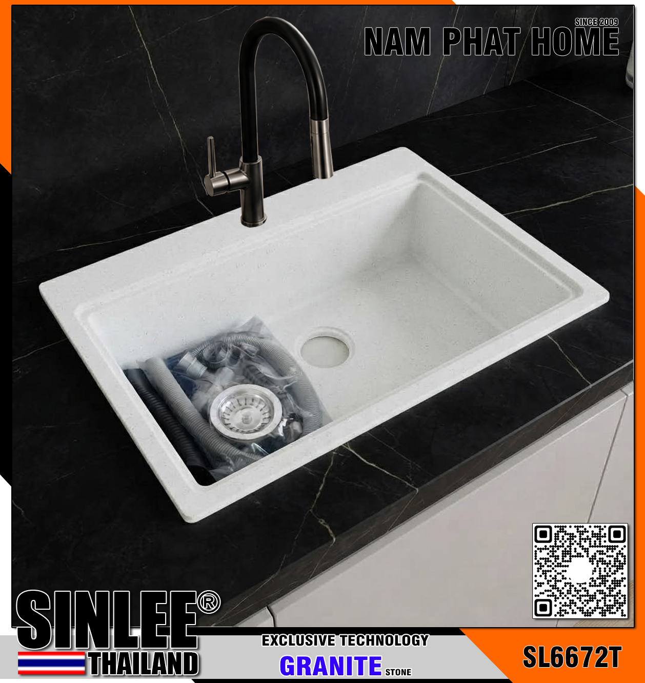 SL6672T- CHẬU RỬA CHÉN ĐÁ 1 HỘC SINLEE, MÀU TRẮNG