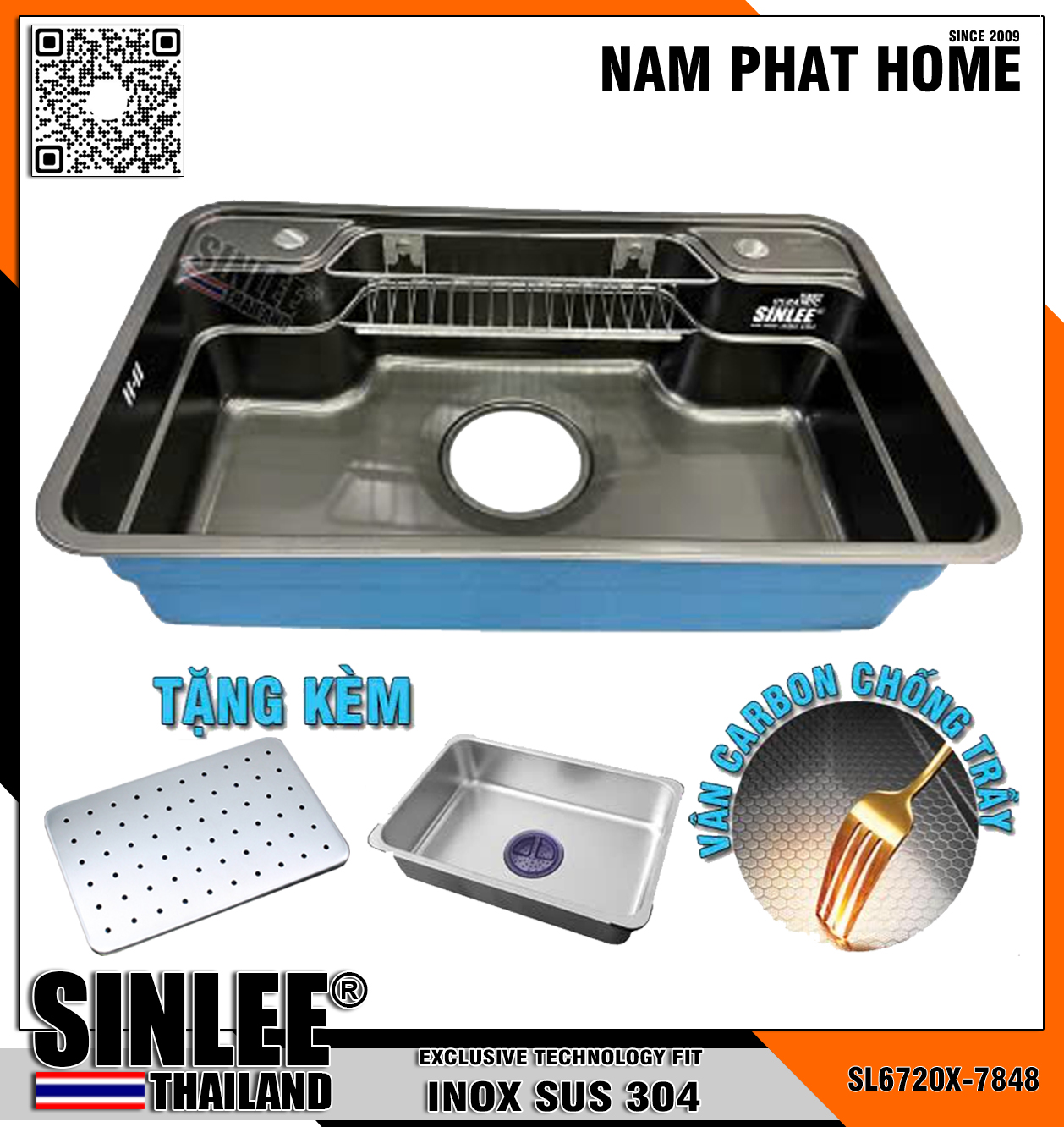 SL6720X-7848 - CHẬU RỬA CHÉN 1 HỘC INOX 304 CHUẨN