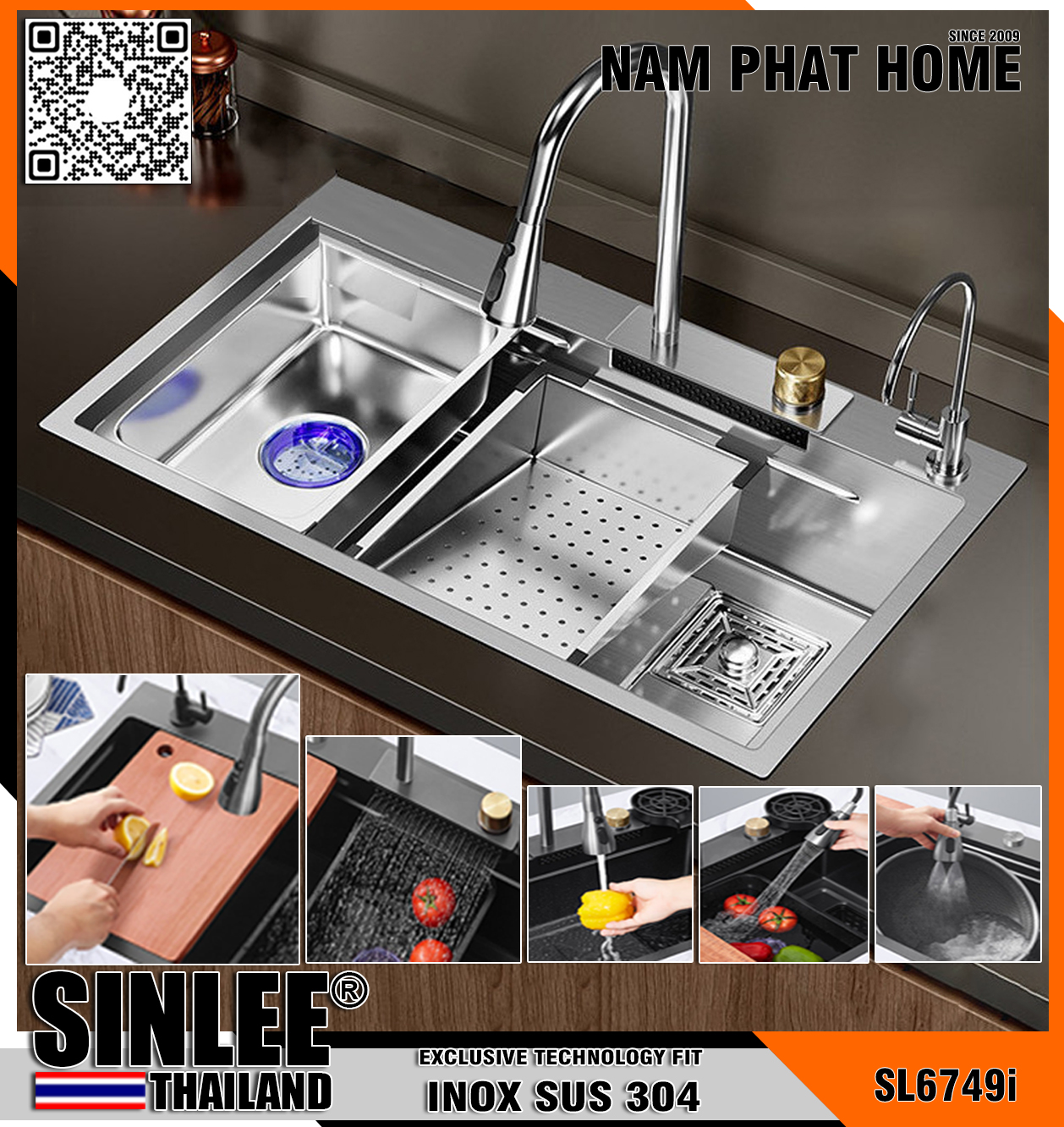 SL6749I - CHẬU RỬA CHÉN 1 HỘC INOX 304 CHUẨN