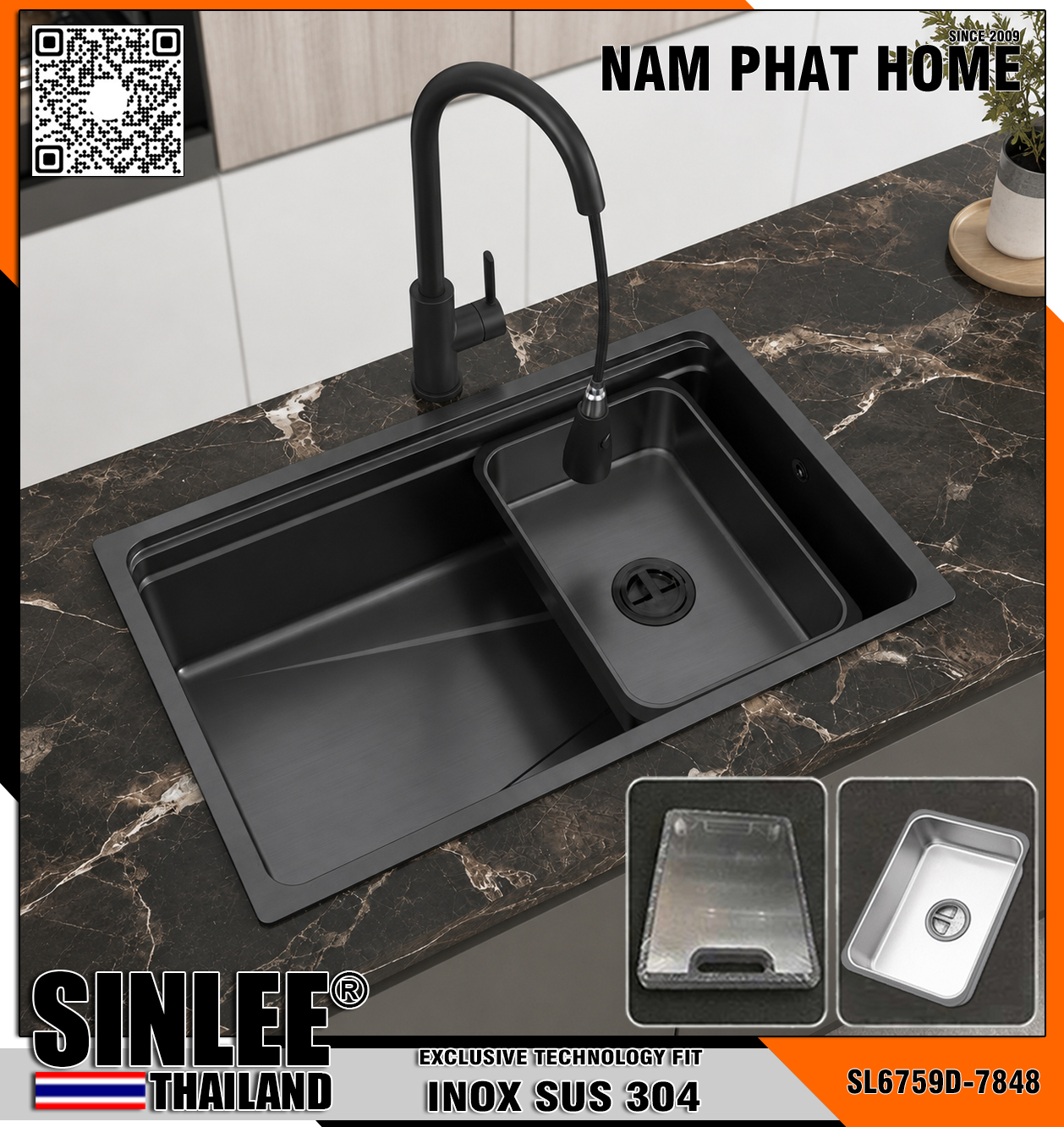 SL6759D-7848 - CHẬU RỬA CHÉN 1 HỘC INOX 304 CHUẨN PHỦ NANO