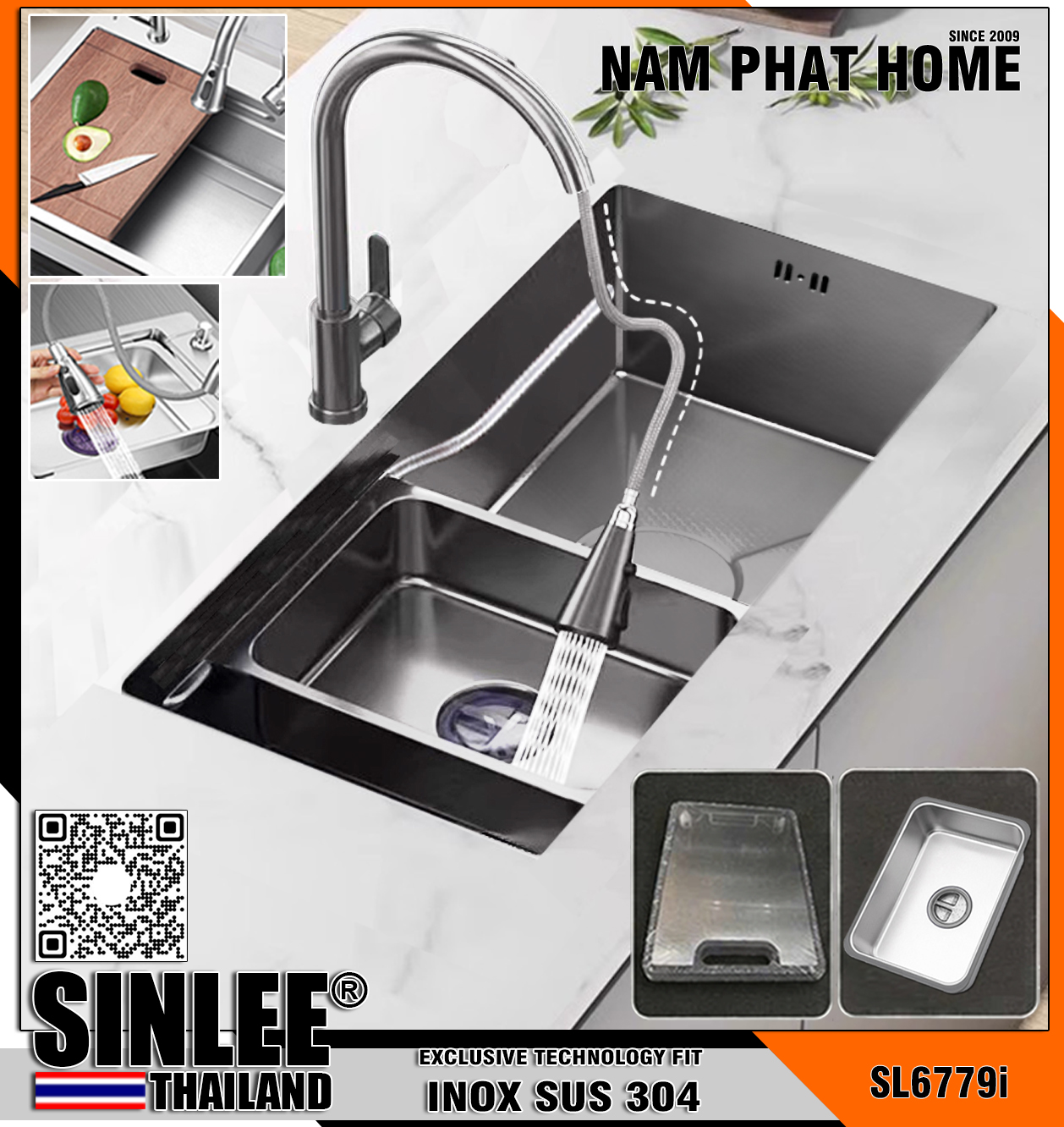 SL6779I - CHẬU RỬA CHÉN 1 HỘC INOX 304 CHUẨN