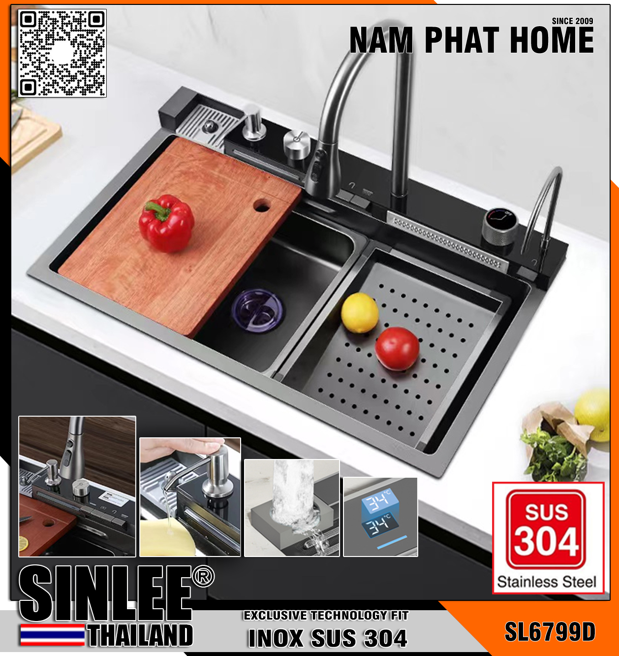 SL6799D- CHẬU RỬA CHÉN 1 HỘC THÔNG MINH FULL CHỨC NĂNG MÀU XÁM ĐEN 