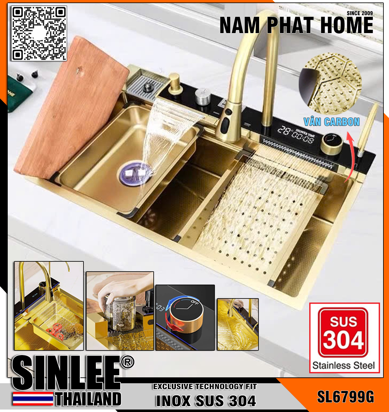 SL6799G- CHẬU RỬA CHÉN 1 HỘC THÔNG MINH FULL CHỨC NĂNG MÀU VÀNG 