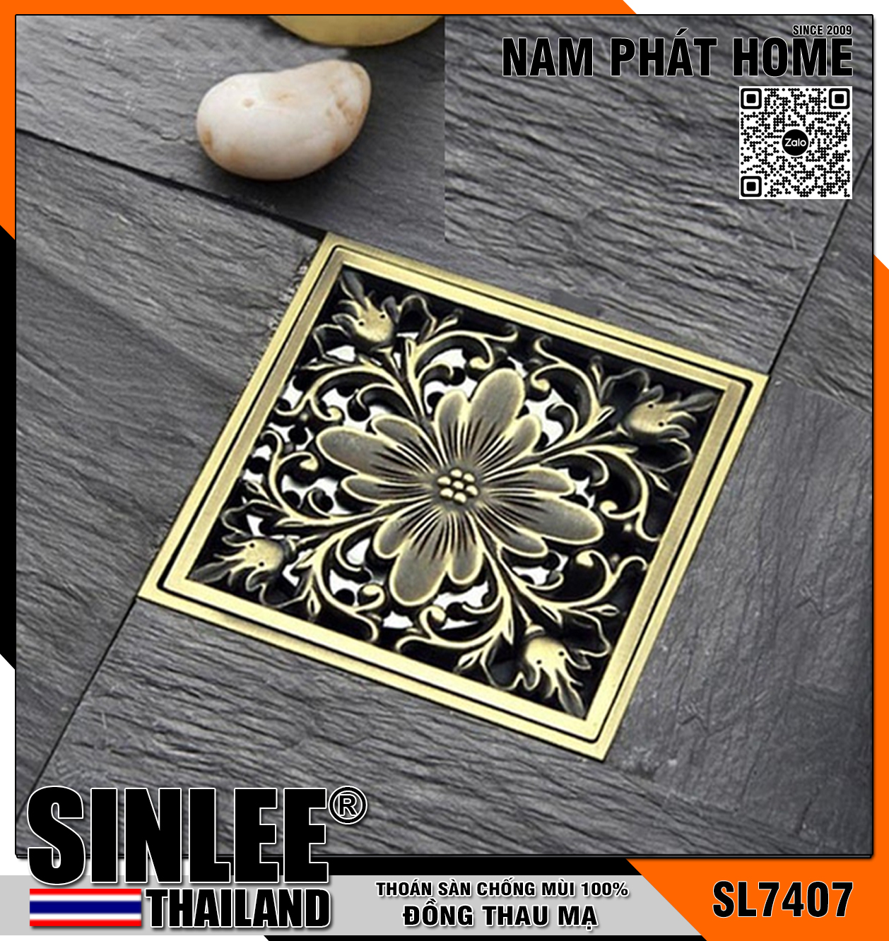 SL7407, HỐ GA THOÁT SÀN VUÔNG, MẪU ÂM GẠCH, ĐỒNG THAU 100% LOẠI DẦY ĐÚC LIỀN KHỐI CHỐNG THẤM, CỔ ĐIỂN, SIZE 15x15cm