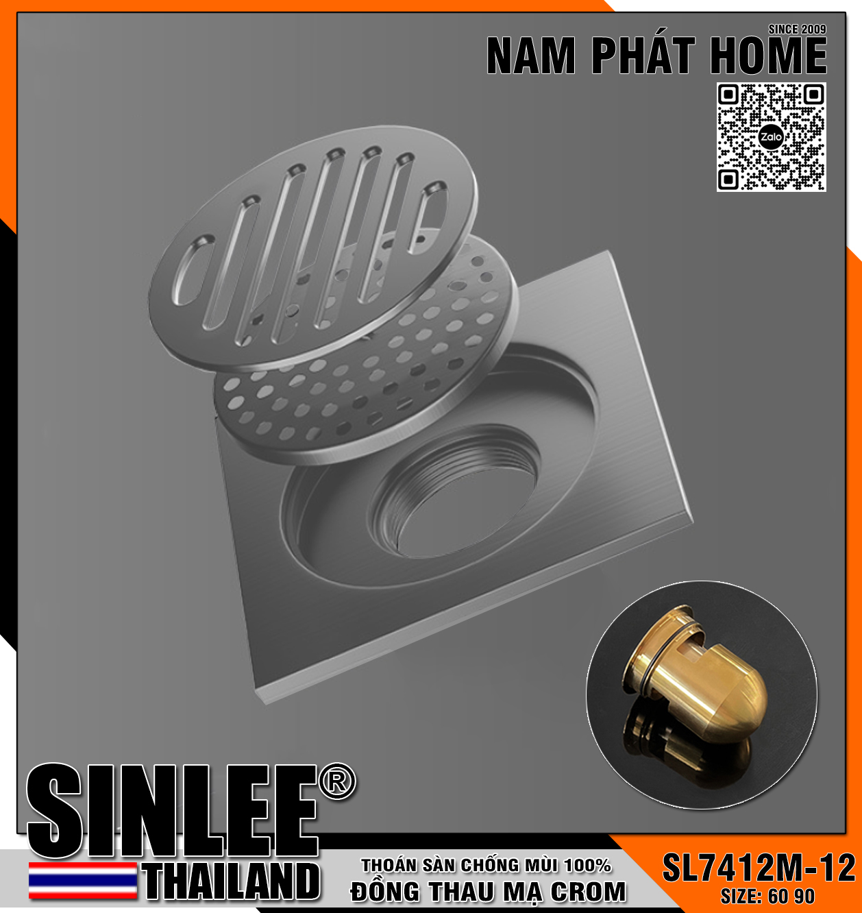 SL7412M-12, HỐ GA ĐỒNG THAU ĐÚC LIỀN MẪU DẦY, CHỐNG THẤM, CHỐNG MÙI, ĐUÔI ĐỒNG, SIZE 12x12cm