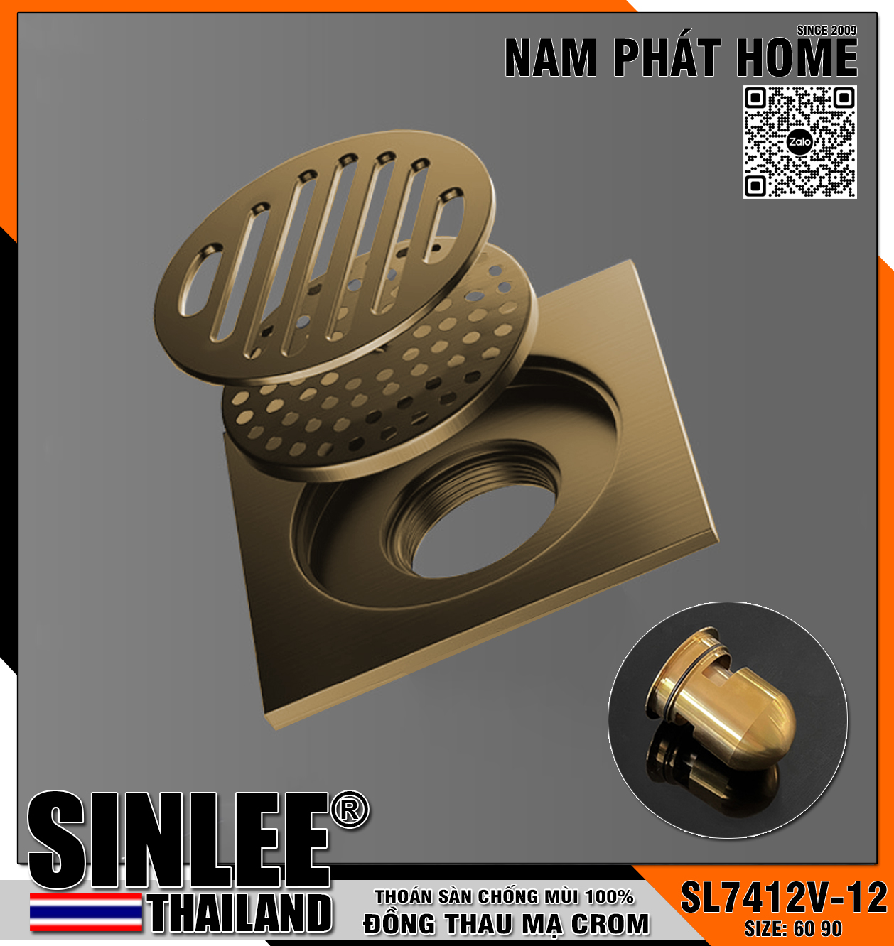 SL7412V-12, HỐ GA ĐỒNG THAU ĐÚC LIỀN MẪU DẦY, CHỐNG THẤM, CHỐNG MÙI, ĐUÔI ĐỒNG, SIZE 12x12cm