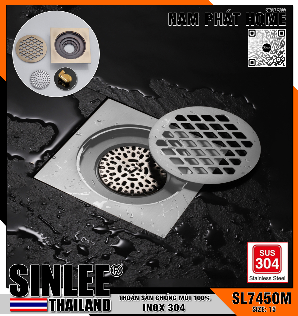 SL7450M-15, HỐ GA INOX 100% ĐÚC LIỀN MẪU DẦY, SIZE 15x15cm