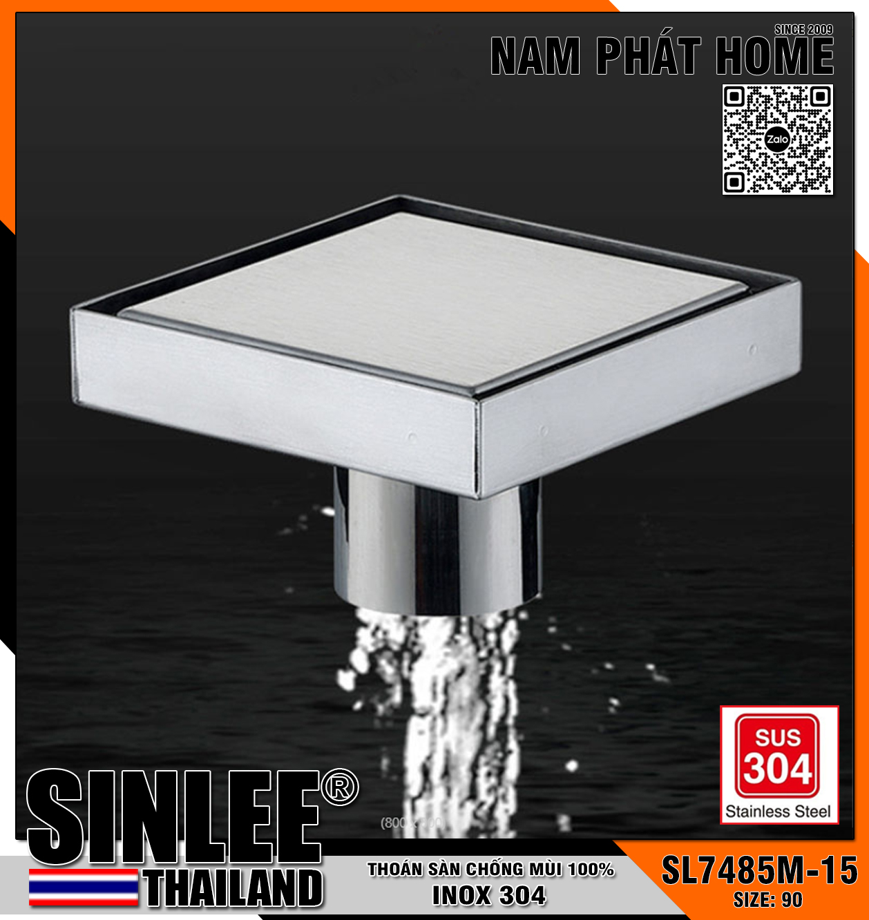 SL7485M-15, HỐ GA THOÁT SÀN VUÔNG, MẪU ÂM GẠCH, INOX 304 100% LOẠI ĐUÔI LẬT, SIZE 15x15cm