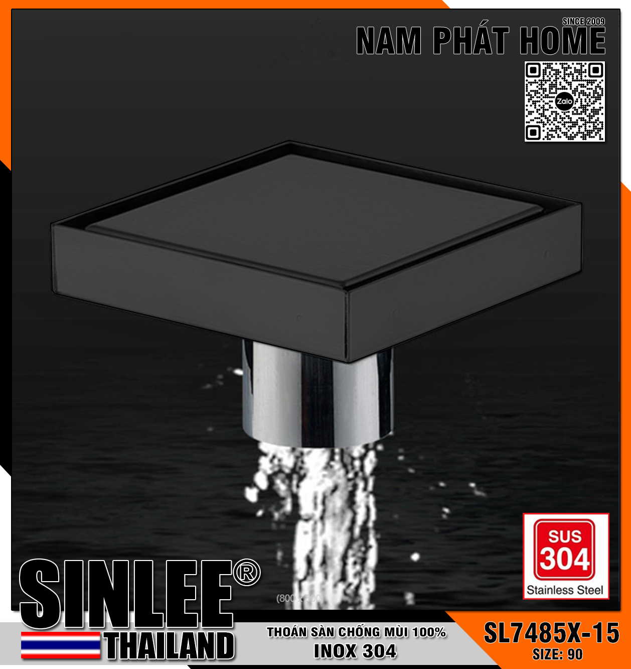 SL7485X-15, HỐ GA THOÁT SÀN VUÔNG, MẪU ÂM GẠCH, INOX 304 100% LOẠI DẦY, SIZE 15x15cm
