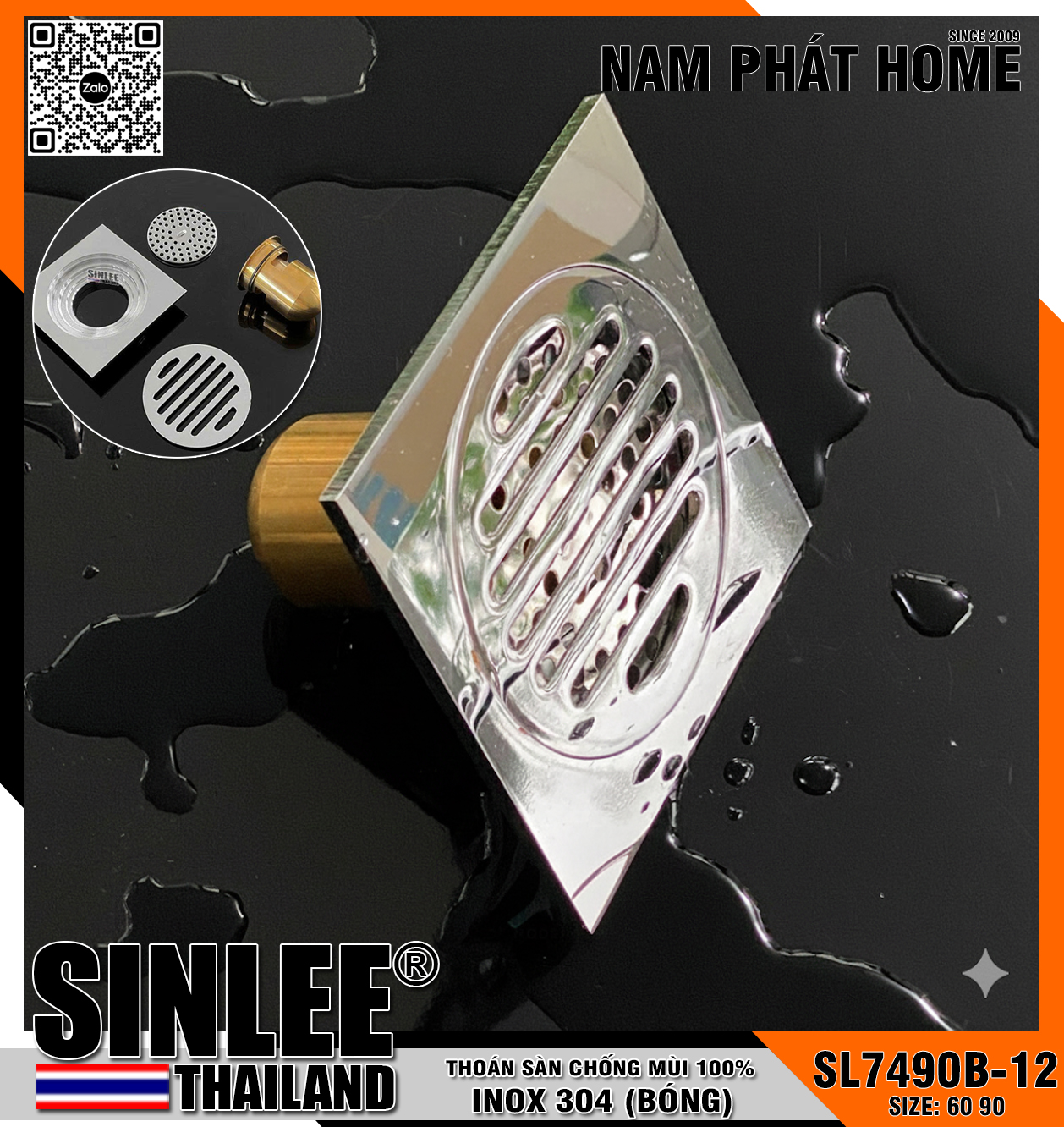 SL7490B-12 , HỐ GA INOX 304 100% ĐÚC LIỀN MẪU DẦY, ĐUÔI ĐỒNG, SIZE 12x12cm