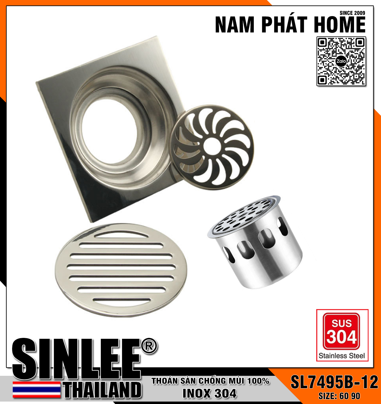 SL7495B-12 , HỐ GA INOX 304 100% ĐÚC LIỀN MẪU DẦY, SIZE 12x12cm