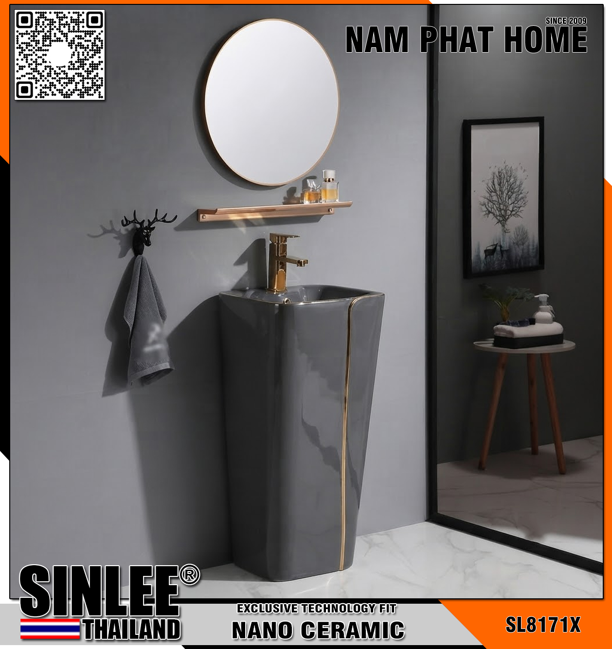SL8171X – LAVABO SỨ TRỤ ĐỨNG LIỀN KHỐI VUÔNG XÁM – KT430x360x830mm