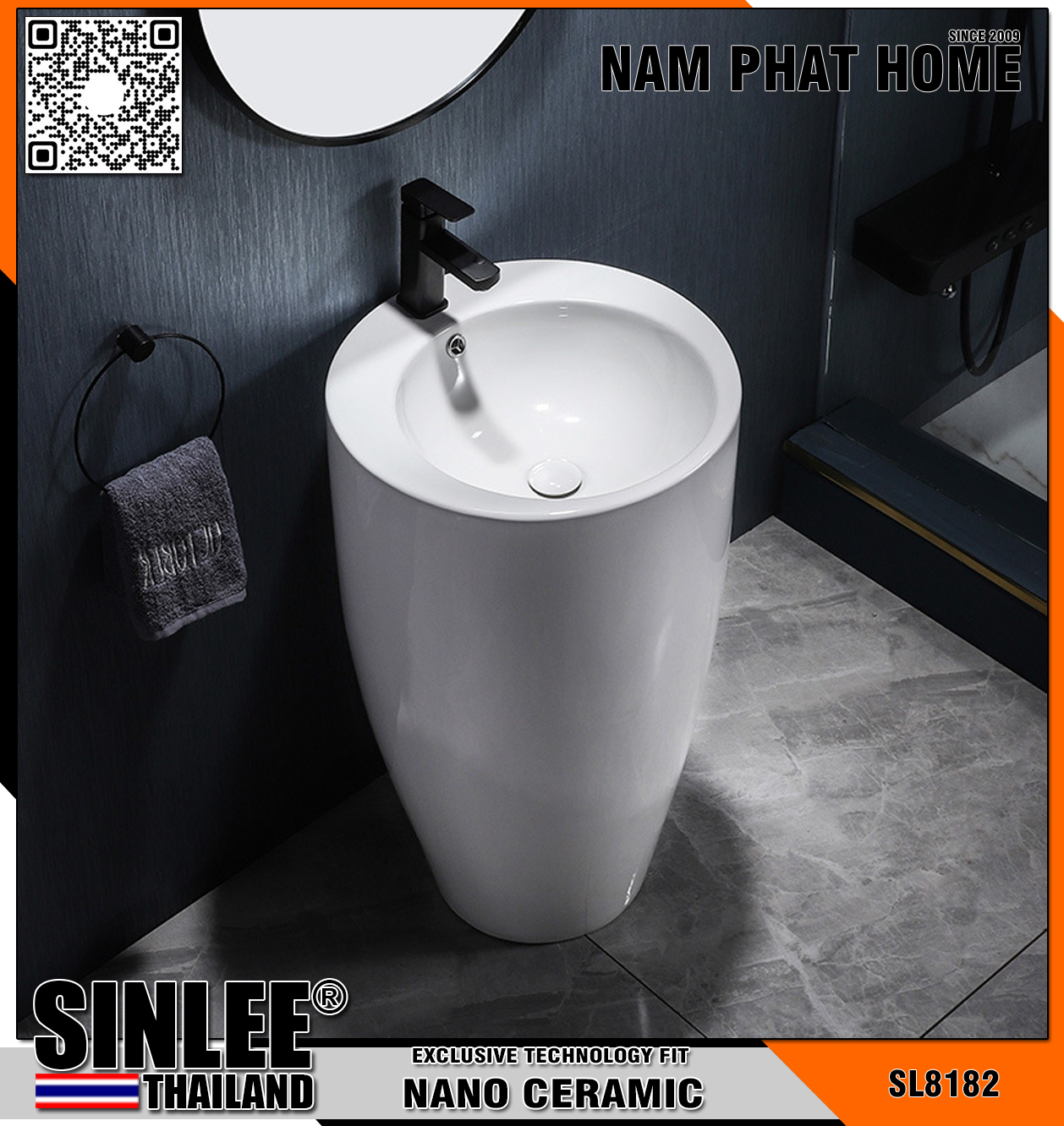 SL8182 – LAVABO SỨ TRỤ ĐỨNG LIỀN KHỐI TRÒN TRẮNG
