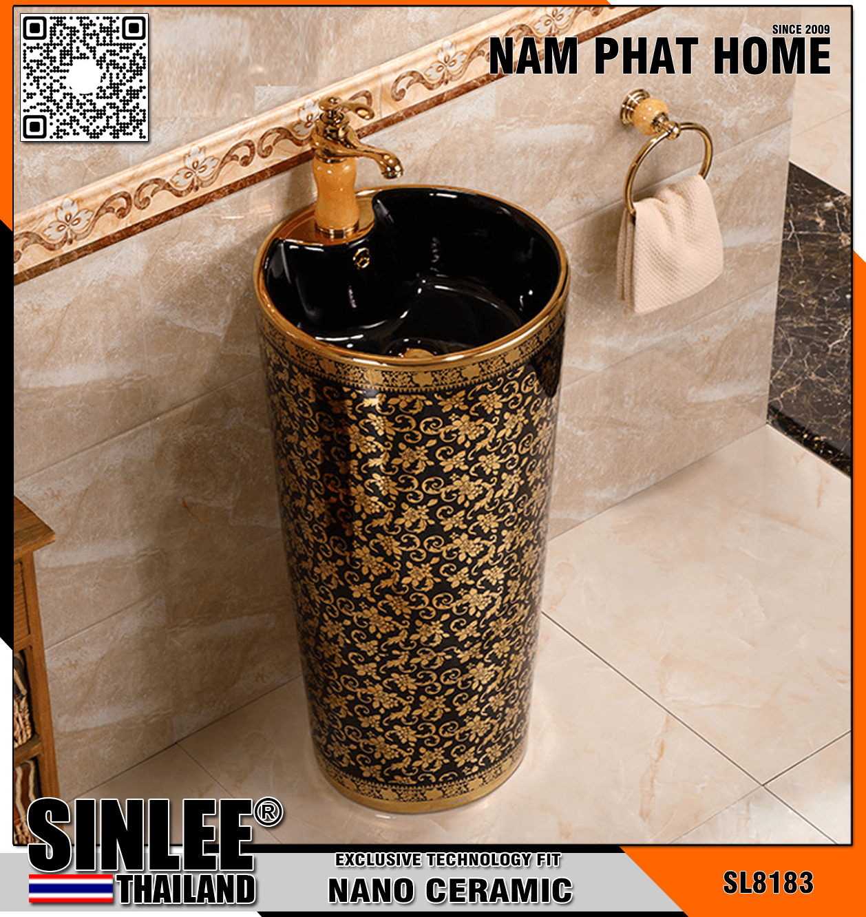 SL8183 – LAVABO SỨ TRỤ ĐỨNG LIỀN KHỐI ĐEN VÀNG