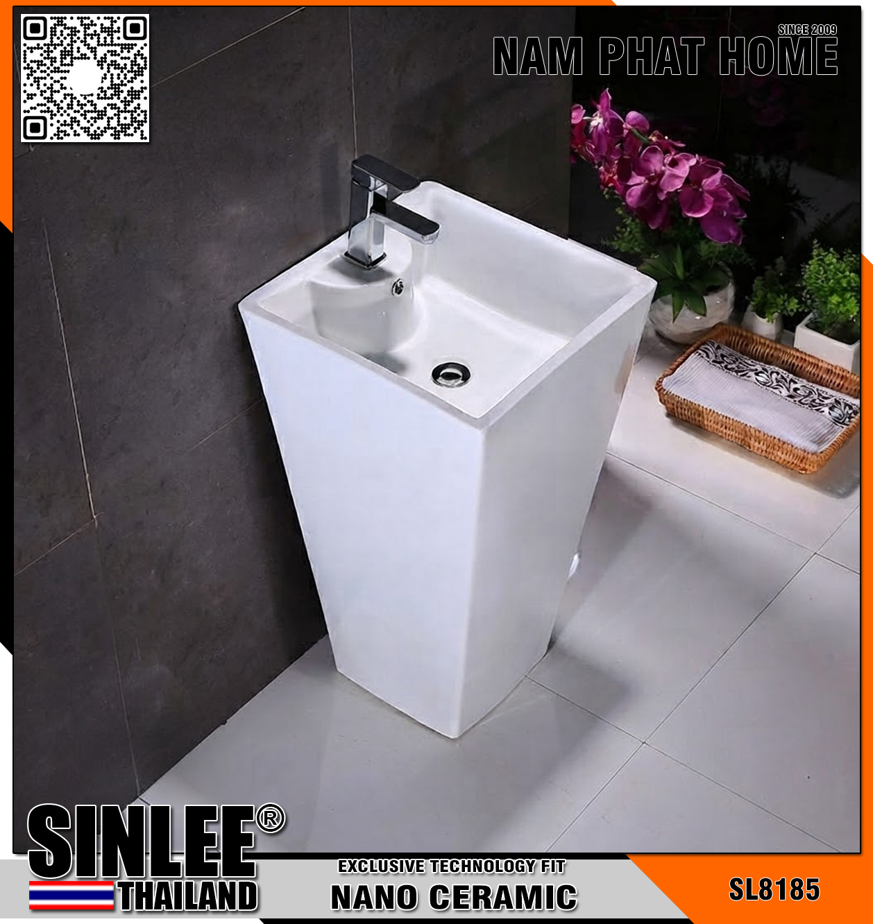 SL8185 – LAVABO SỨ TRỤ ĐỨNG LIỀN KHỐI VUÔNG