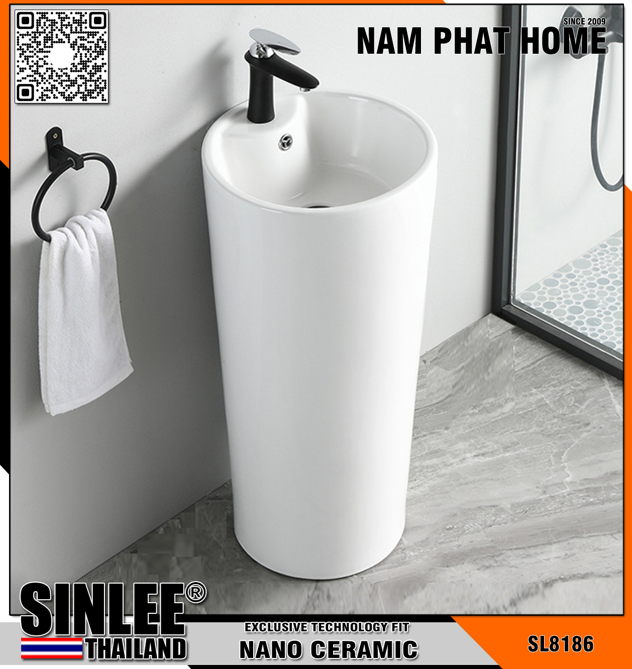 SL8186 – LAVABO SỨ TRỤ ĐỨNG LIỀN KHỐI TRÒN TRẮNG
