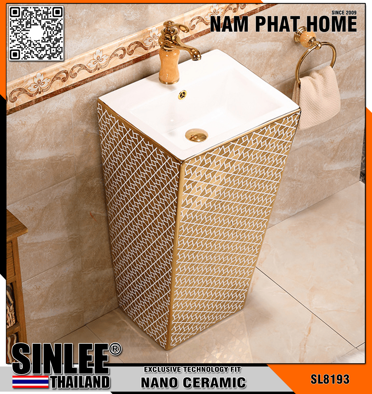 SL8193 – LAVABO SỨ KHỐI ĐỨNG VUÔNG MẠ VÀNG PVD