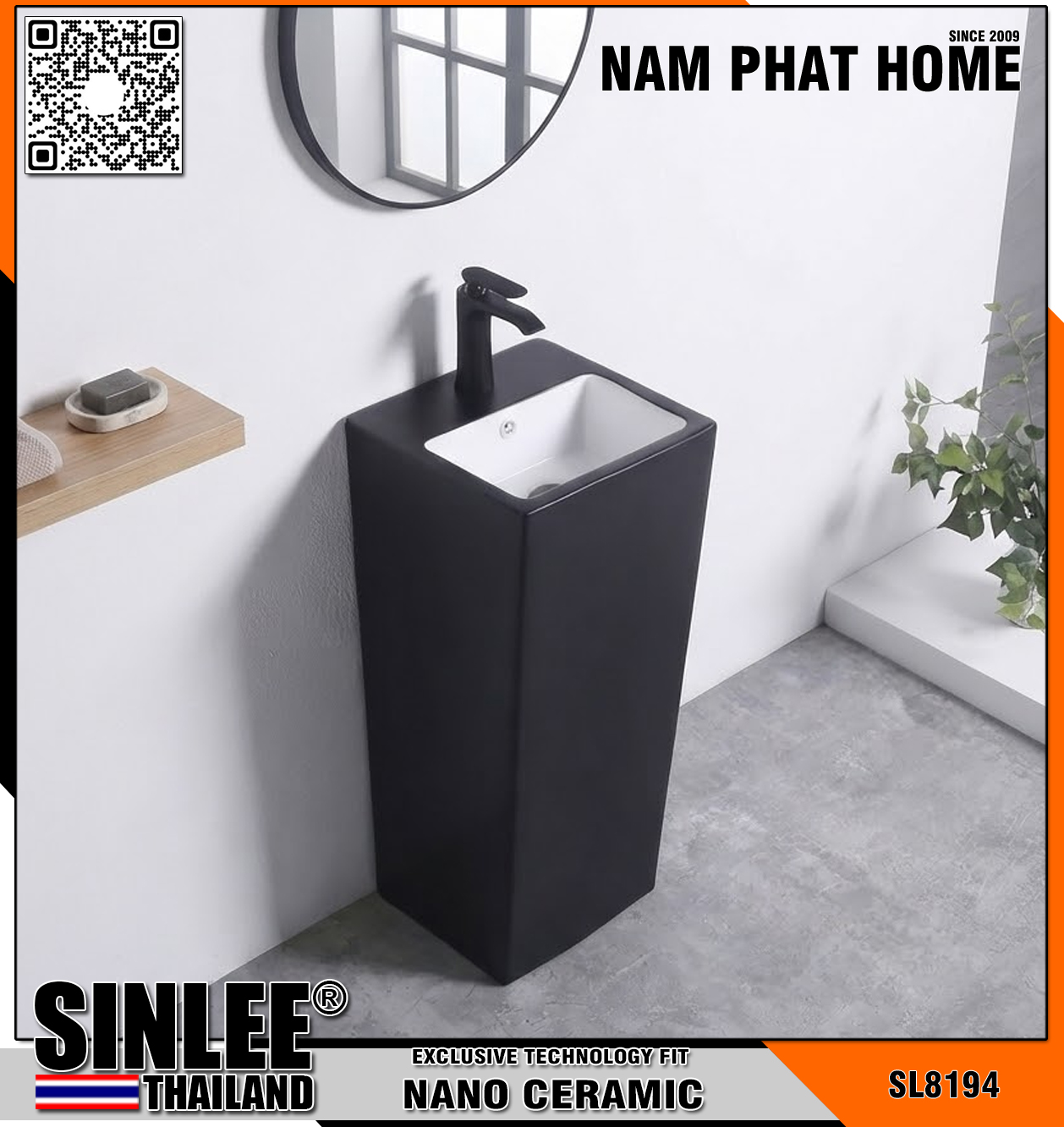 SL8194 – LAVABO SỨ TRỤ ĐỨNG LIỀN VUÔNG MẠ ORB ĐEN - KT 400x400x830mm