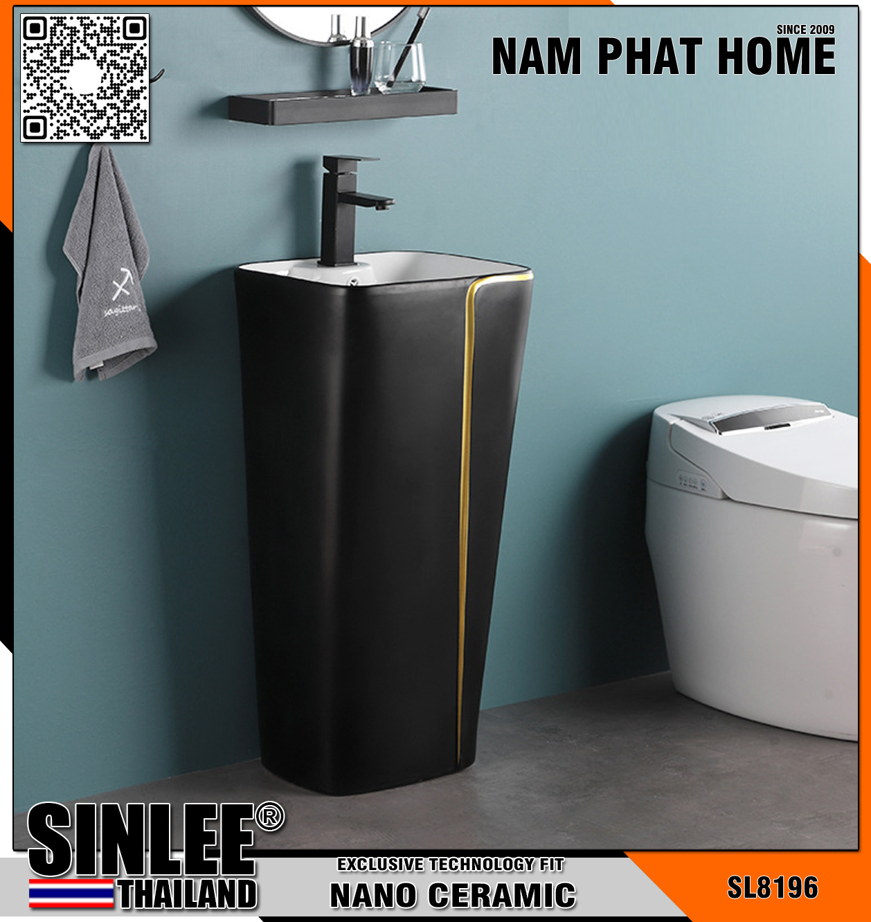 SL8196 – LAVABO SỨ TRỤ ĐỨNG LIỀN KHỐI VUÔNG ĐEN VIỀN VÀNG
