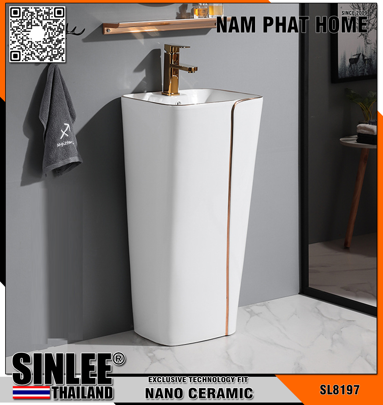 SL8197-43 – LAVABO SỨ TRỤ ĐỨNG LIỀN KHỐI VUÔNG TRẮNG VIỀN VÀNG, MẠ PVD CAO CẤP, SIZE 430x360x830mm