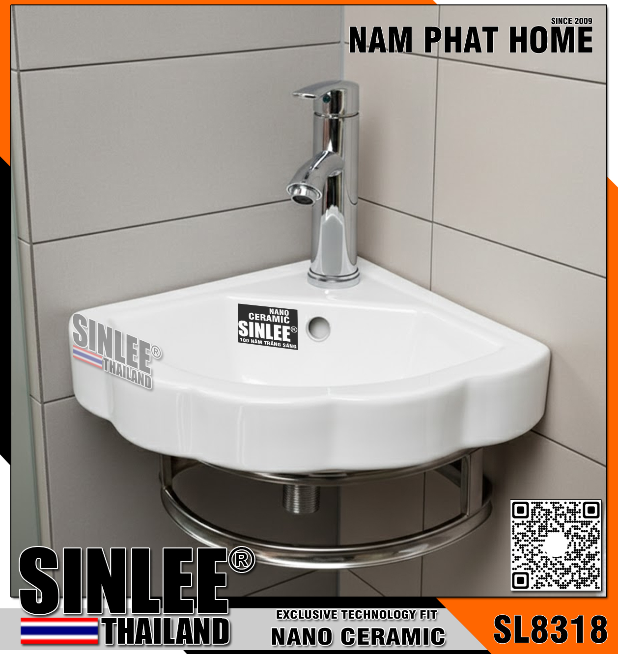 SL8318 – LAVABO SỨ GÓC TREO TƯỜNG SINLEE CÓ KHUNG INOX ĐỠ 420x320mm