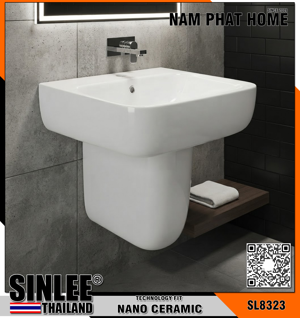 SL8323 - LAVABO TREO KÈM CHÂN CHE - MẪU VUÔNG - SIZE 450x390mm