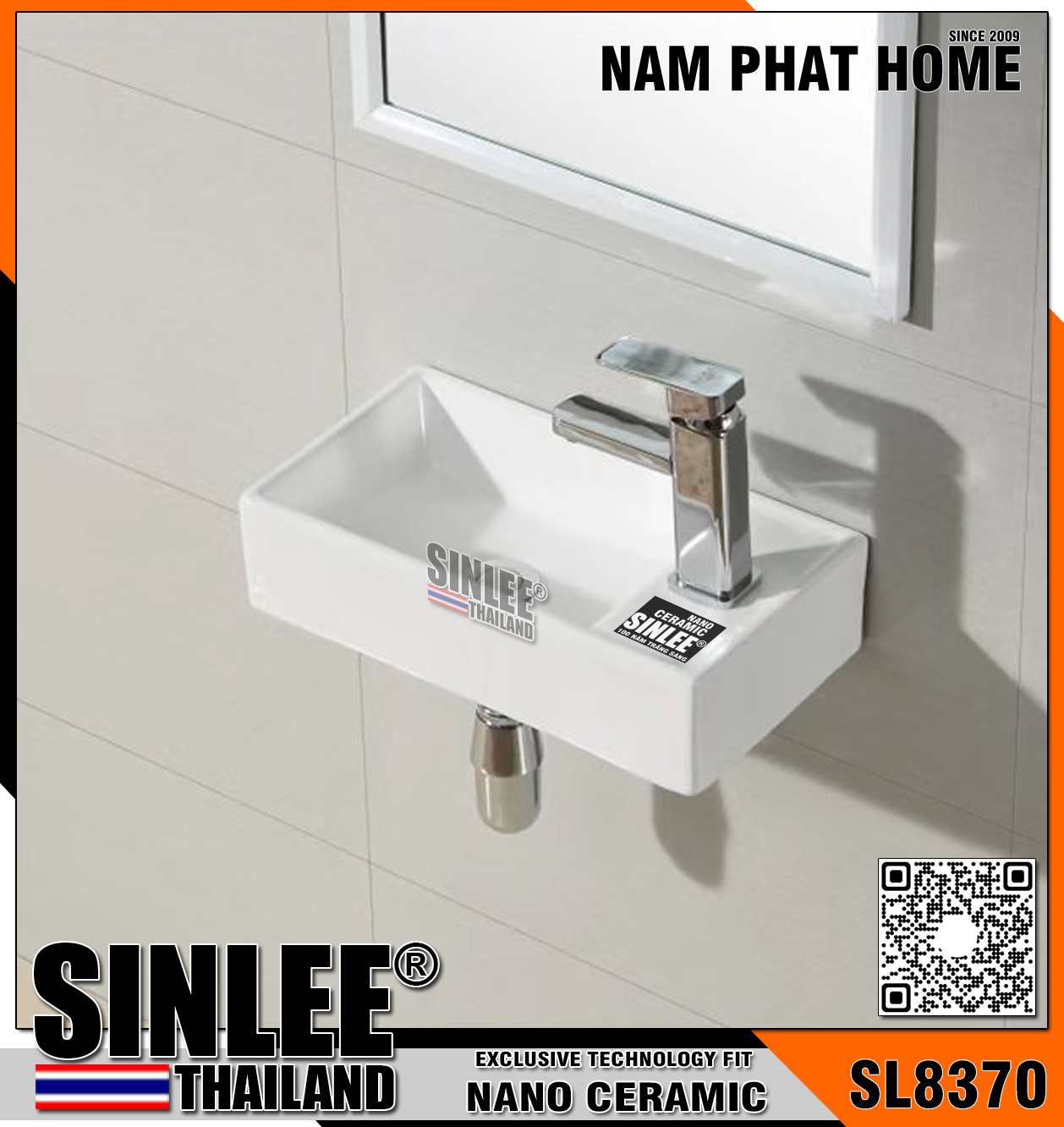 SL8370 - LAVABO SỨ TREO TƯỜNG CHỮ NHẬT SINLEE, SIZE 455x255mm