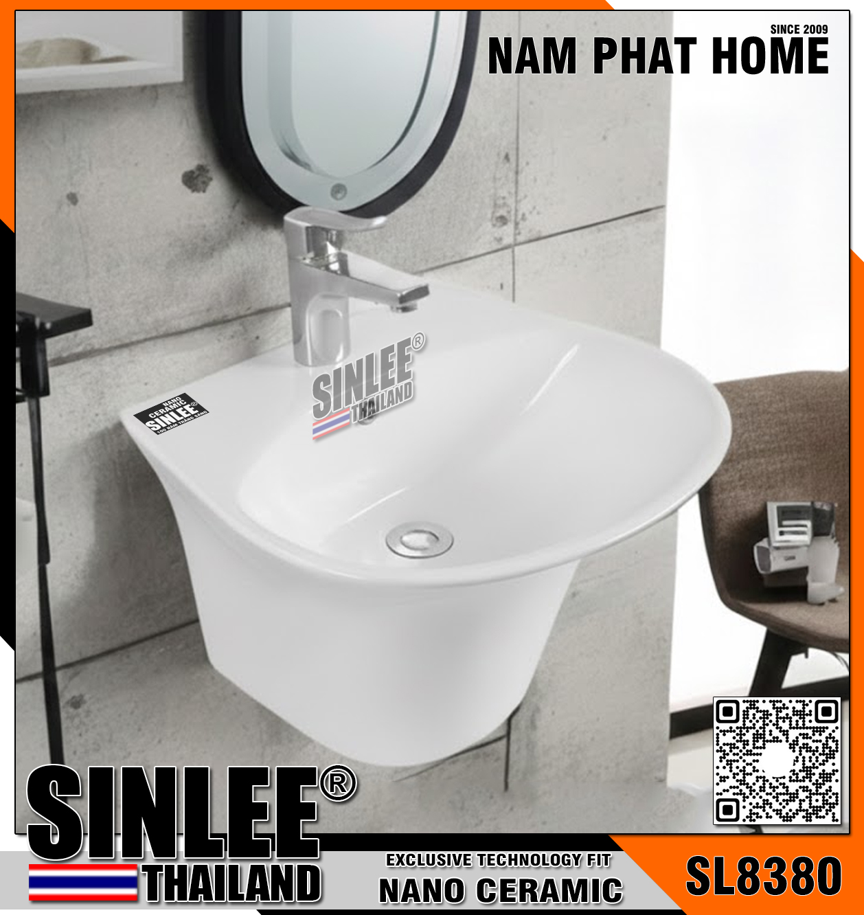 SL8380 – LAVABO SỨ TREO TƯỜNG LIỀN KHỐI MẪU TRÒN  SINLEE ( 48x45cm )