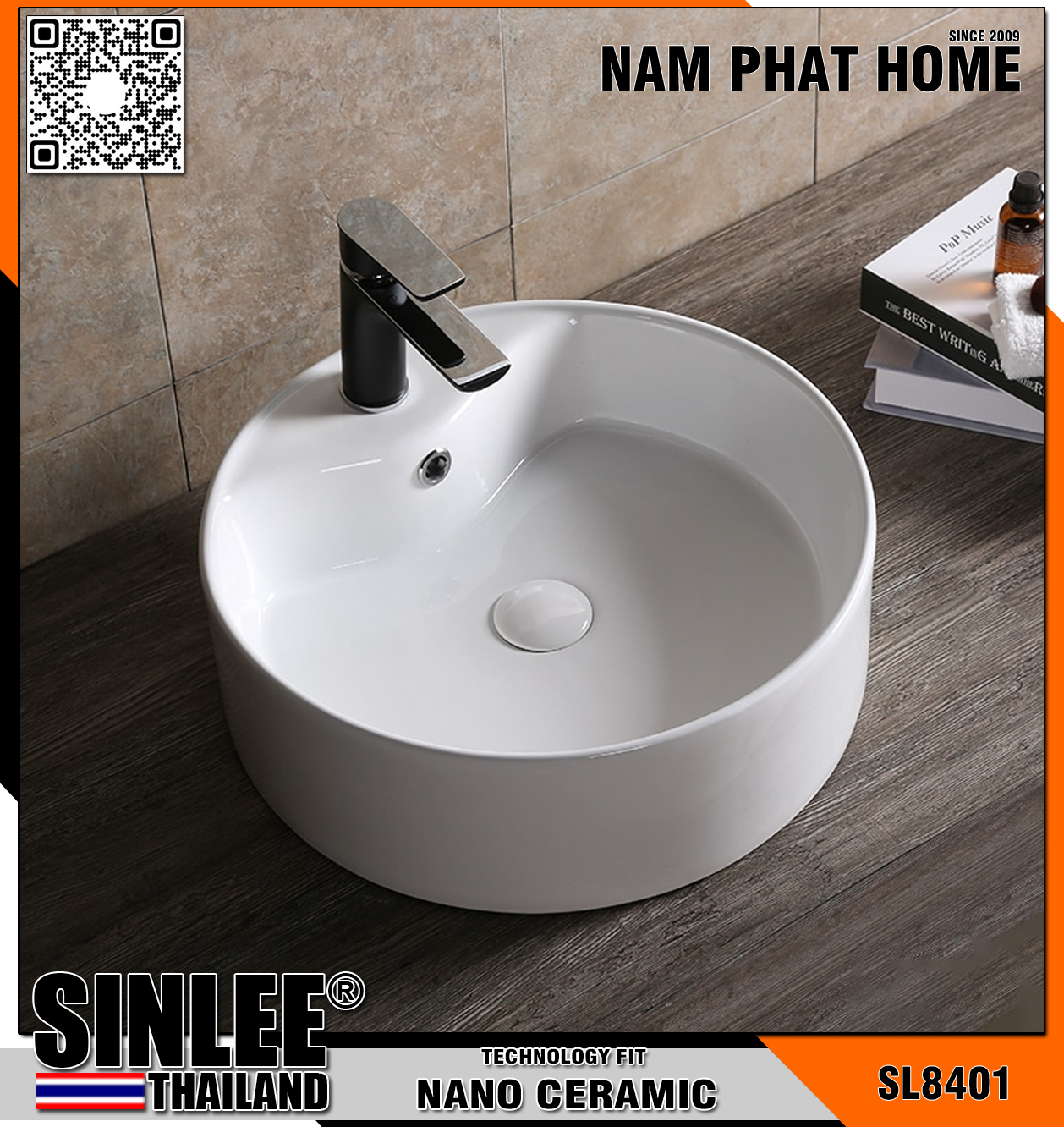 SL8401 – LAVABO SỨ ĐẶT BÀN TRÒN TRẮNG SINLEE  KT 410x410x150mm