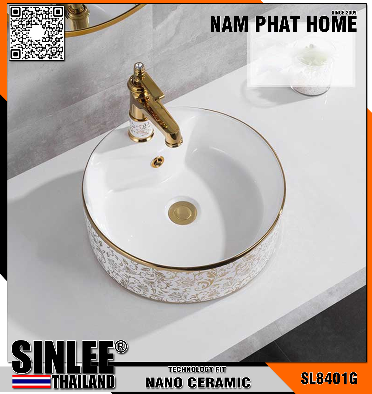 SL8401G - LAVABO SỨ ĐẶT BÀN TRÒN VÀNG VÒI TRÊN SINLEE 410x410x150mm