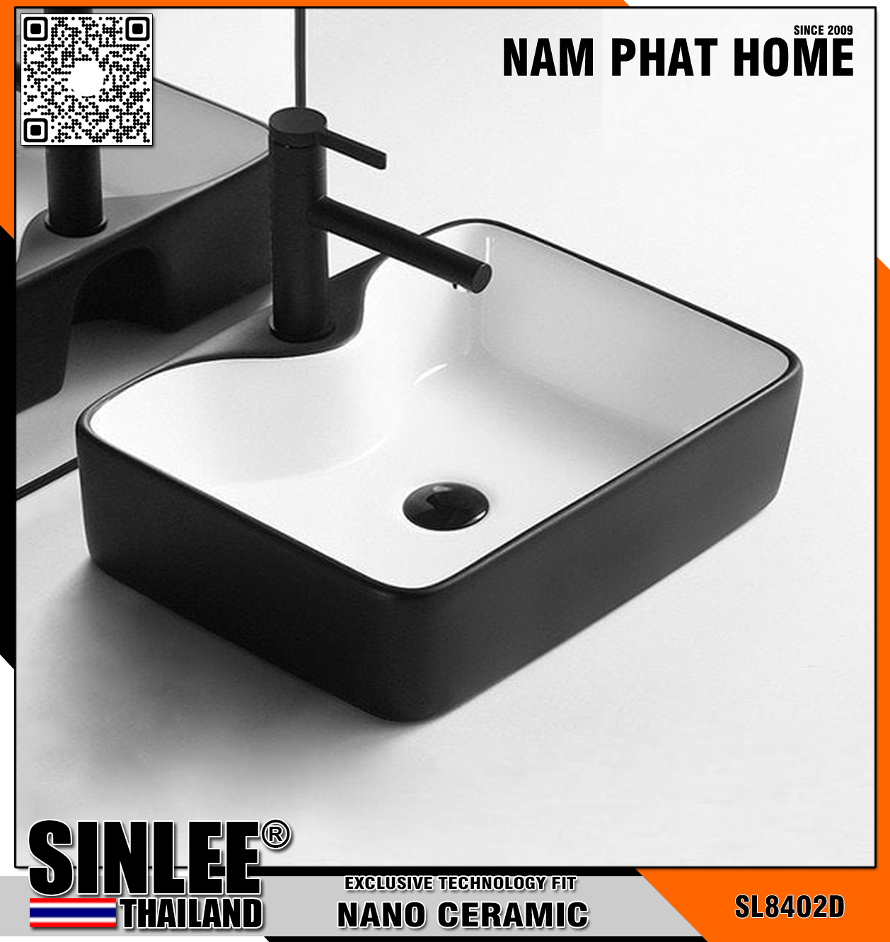 SL8402D – LAVABO SỨ ĐẶT BÀN VUÔNG TRẮNG ĐEN SINLEE