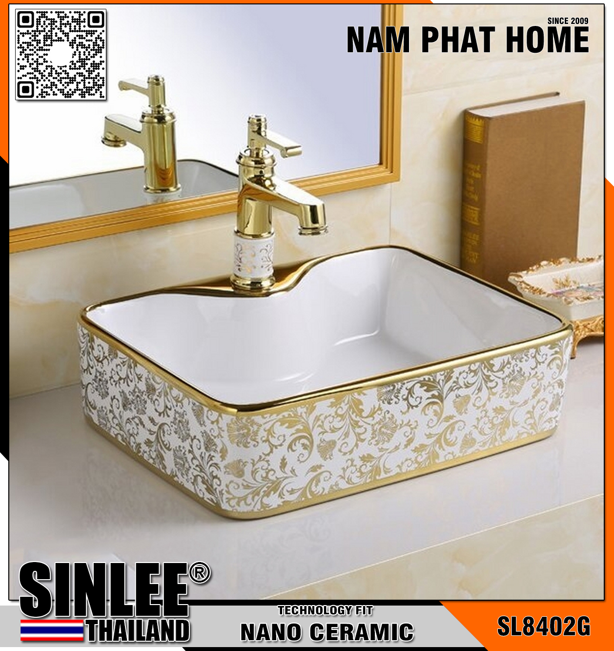 SL8402G – LAVABO SỨ ĐẶT BÀN VUÔNG VÀNG SINLEE KT 480x380x135mm