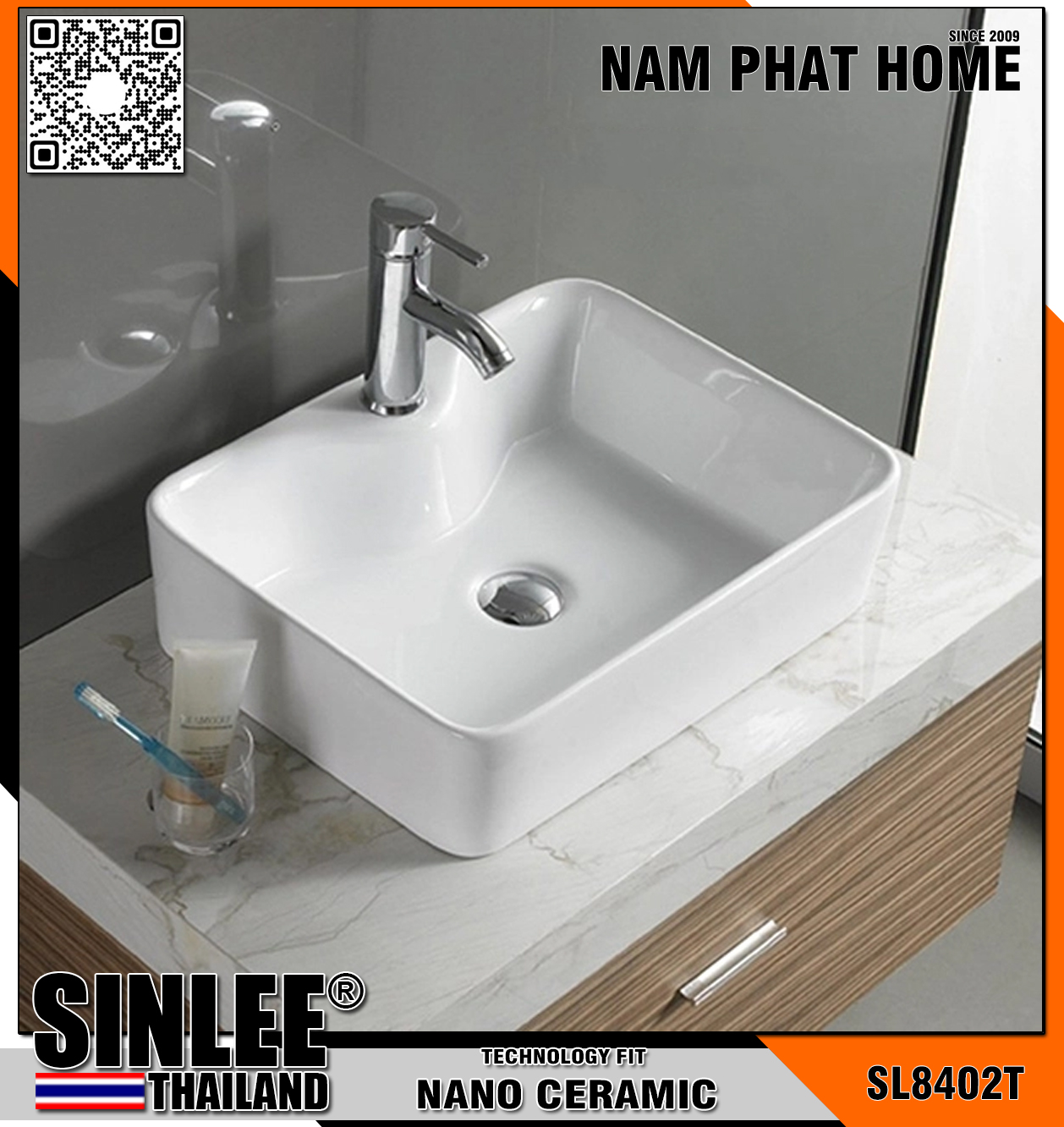 SL8402T – LAVABO SỨ ĐẶT BÀN VUÔNG TRẮNG SINLEE  KT480x370x135mm