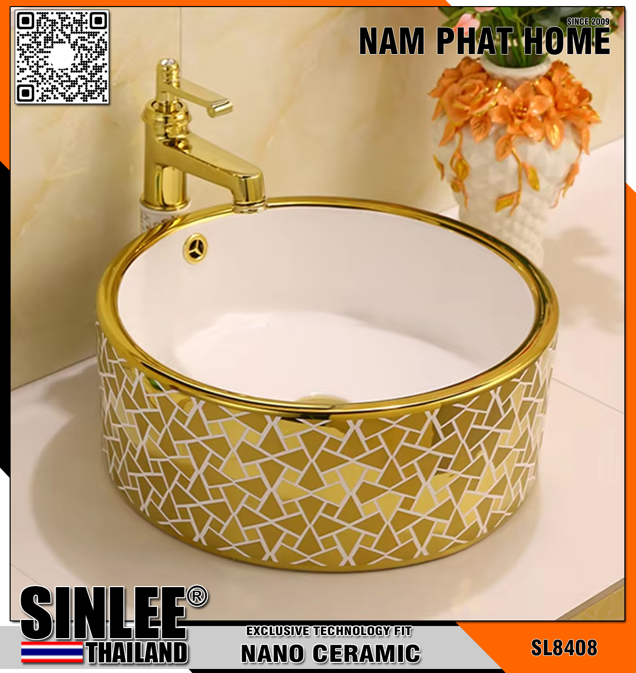 SL8408 – LAVABO SỨ ĐẶT BÀN TRÒN VÀNG SINLEE 410x410x160mm