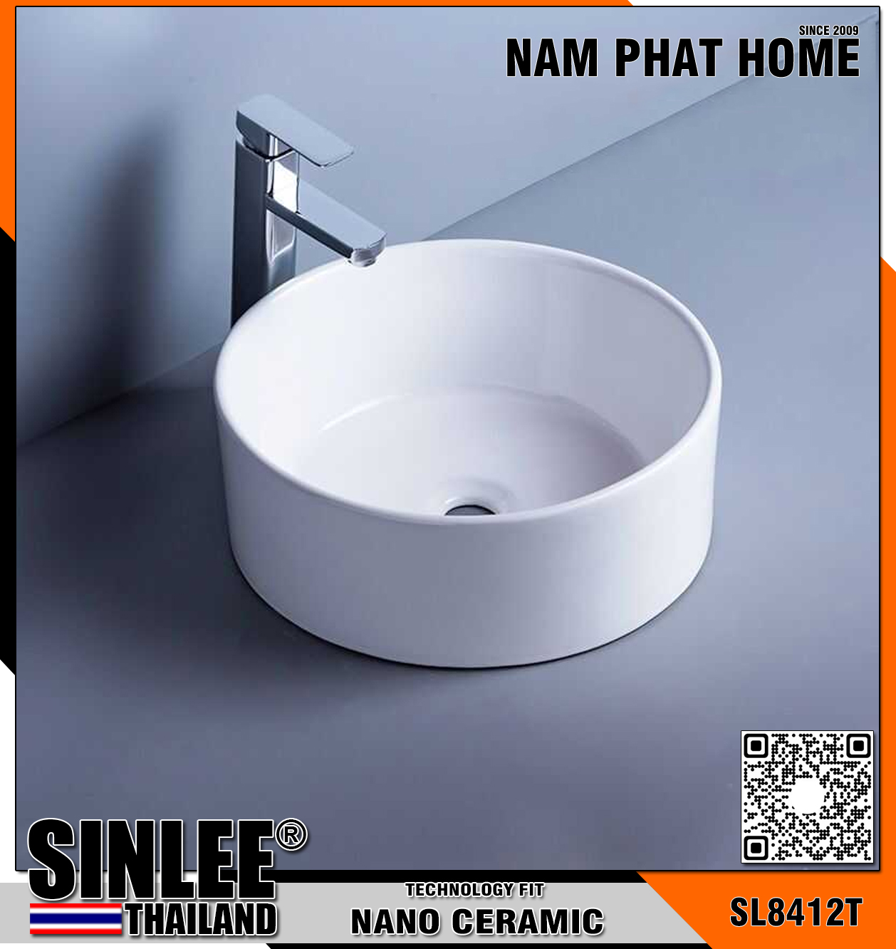 SL8412T – LAVABO SỨ ĐẶT BÀN TÔ TRÒN SINLEE KT 410x410x150mm