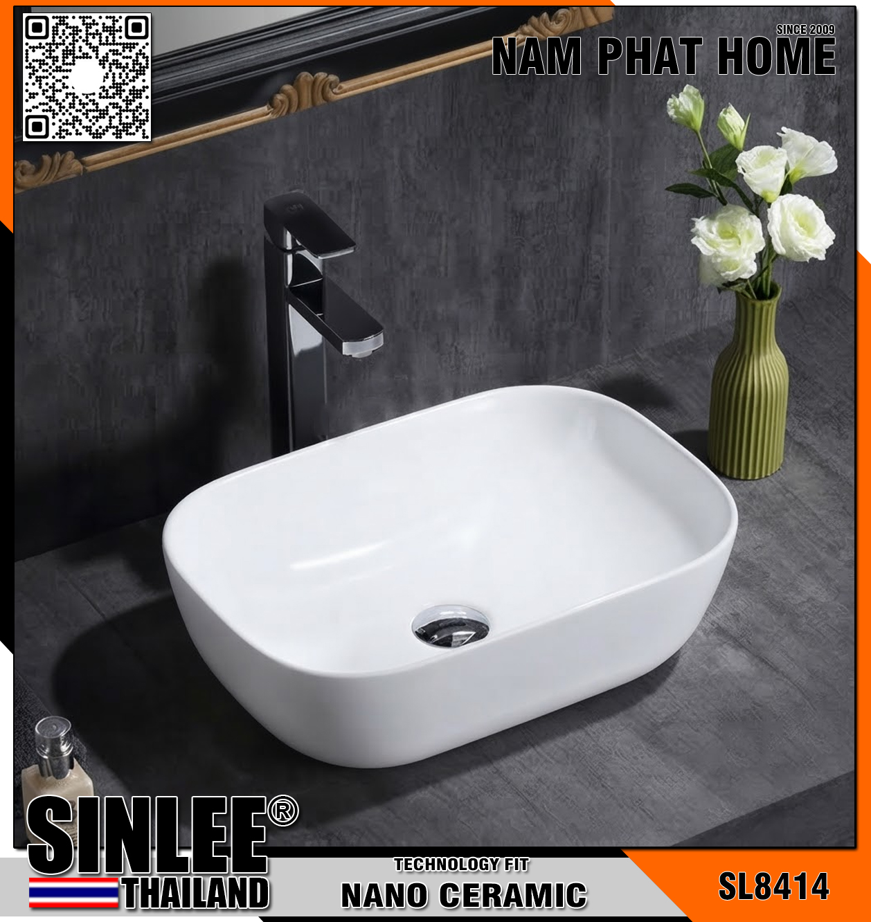 SL8414 – LAVABO SỨ ĐẶT BÀN CHỮ NHẬT TRẮNG KT 450x320mm