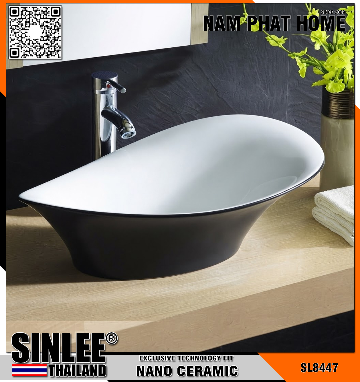 SL8447 – LAVABO SỨ ĐẶT BÀN TRẮNG ĐEN SINLEE