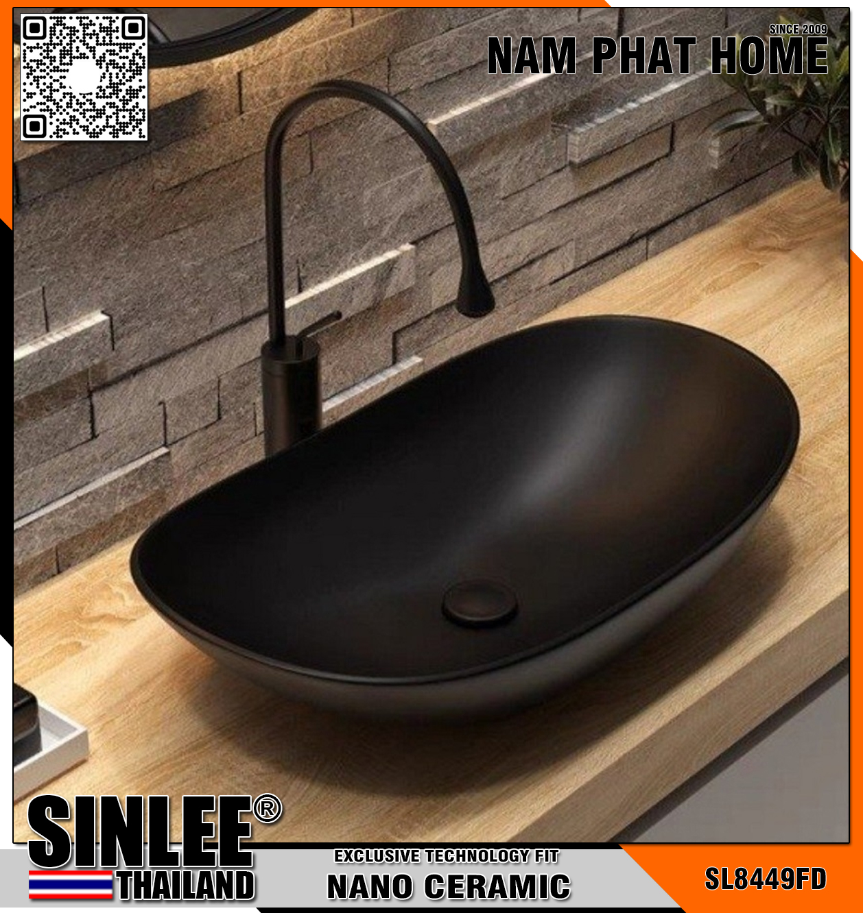 SL8449FD – LAVABO SỨ ĐẶT BÀN ĐỘC LẬP MÀU ĐEN ORABI 620X370X130mm SINLEE