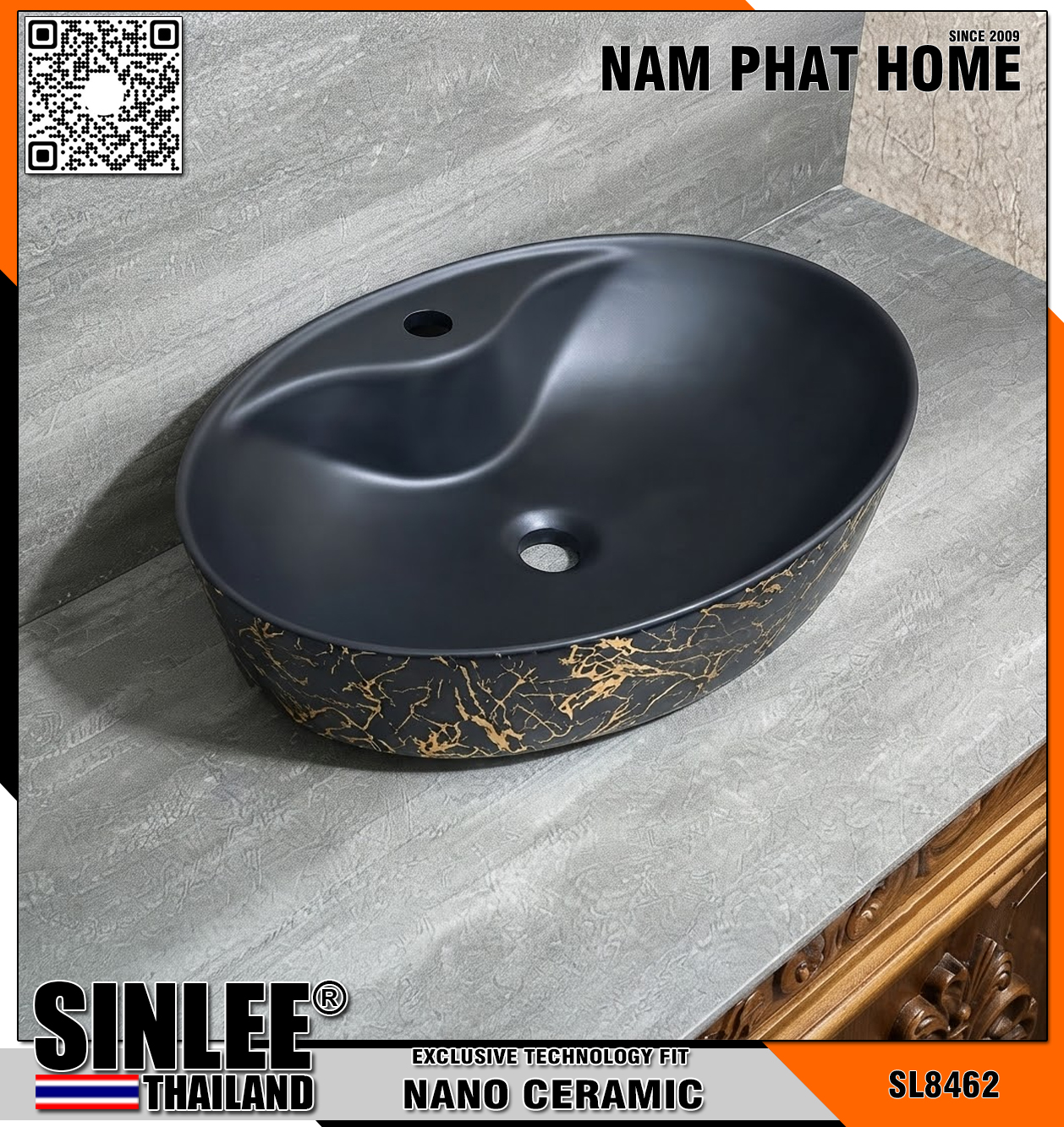 SL8462 – LAVABO ĐẶT BÀN VÒI TRÊN SINLEE ĐEN VÀNG – 575x410x135mm
